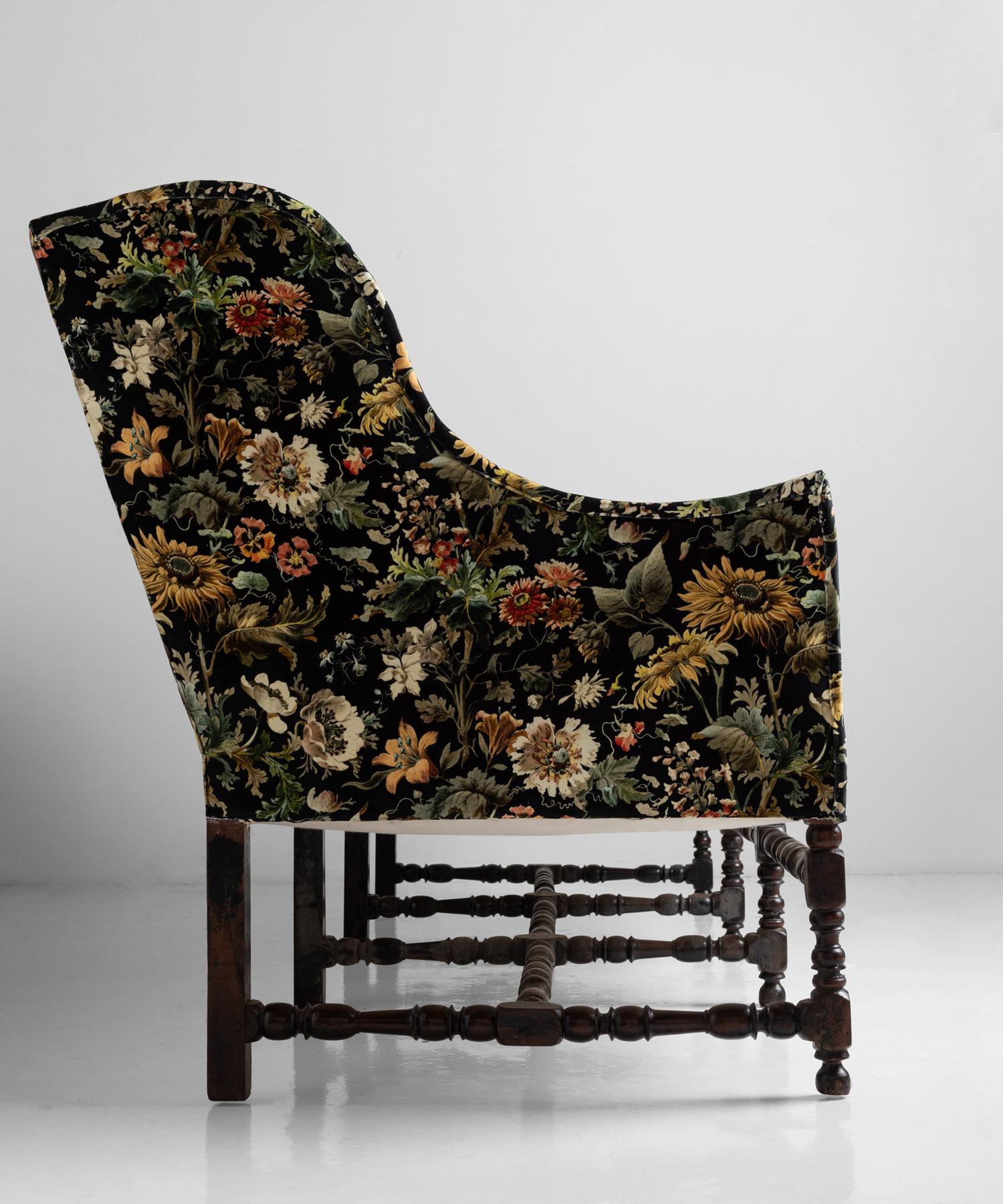 French Louis XIII Walnut Sofa in 100% Cotton Velvet from House of Hackney