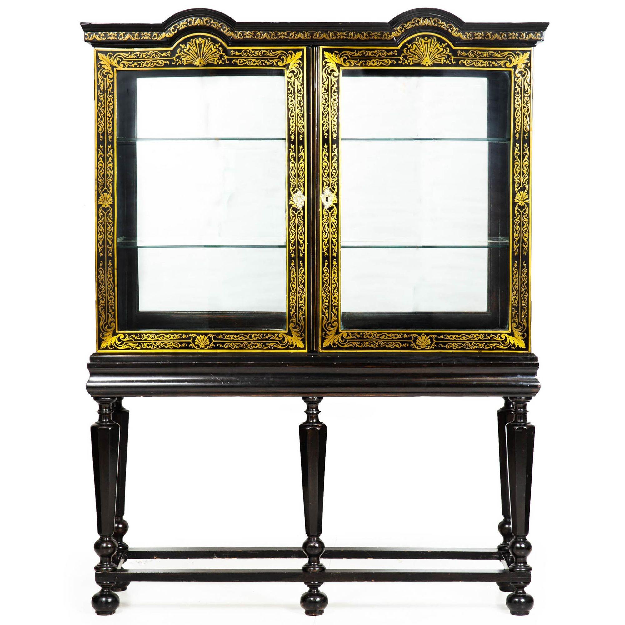 LOUIS XIV EBONIZED AND BRASS-INLAID DISPLAY CABINET ON STAND
France  upper portion composed of 18th century materials, stand crafted of 19th century materials, interior covered with mirrored glass in the 20th century
Item # 309GPP22W

An incredibly