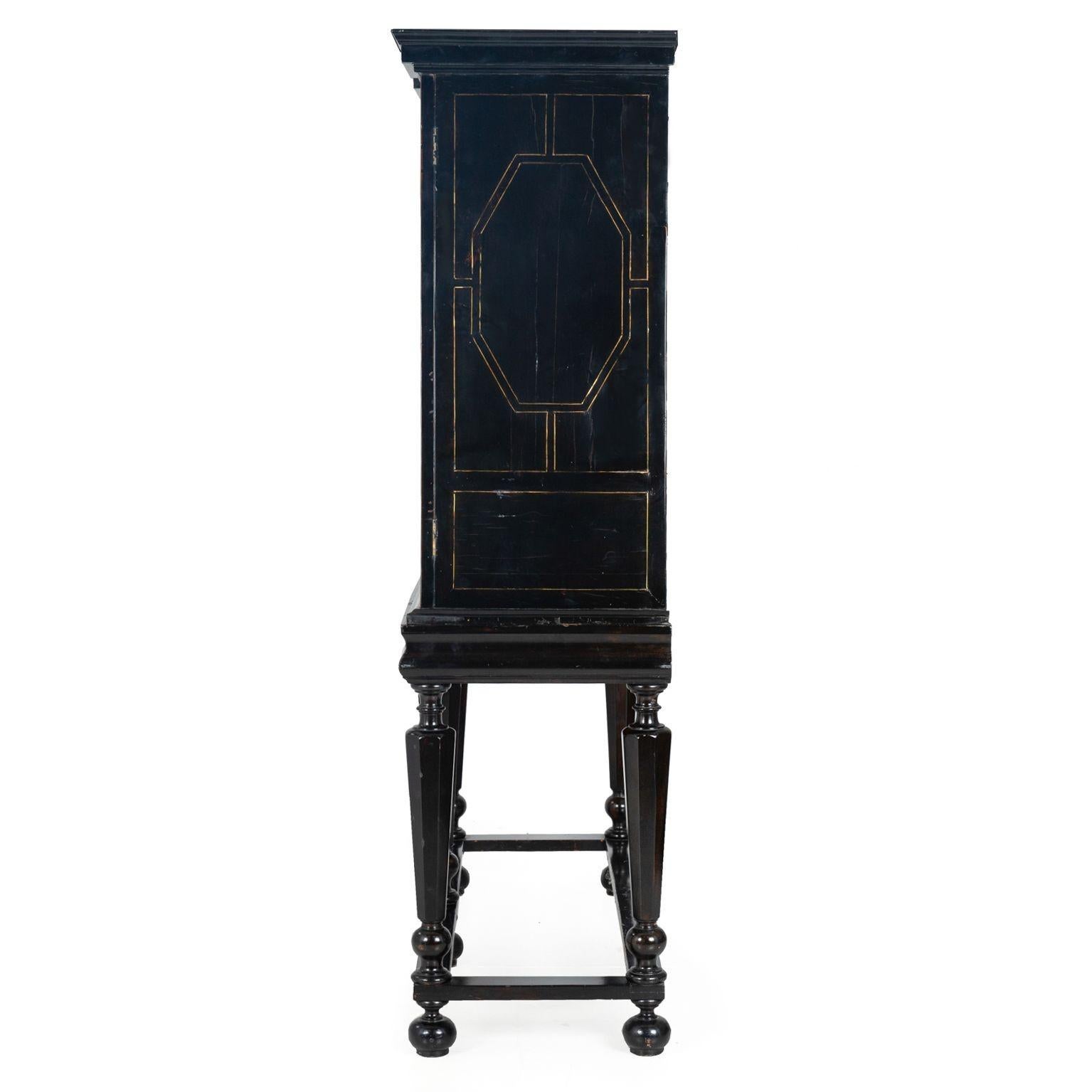 French Louis XIV Antique Ebonized Brass-Inlaid Display Cabinet Bookcase Vitrine For Sale