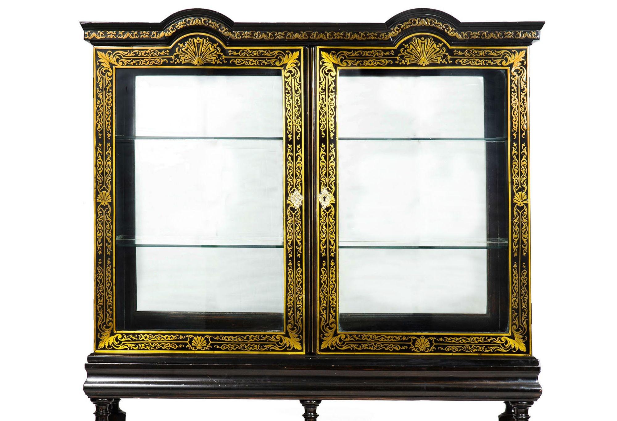 Louis XIV Antique Ebonized Brass-Inlaid Display Cabinet Bookcase Vitrine For Sale 1