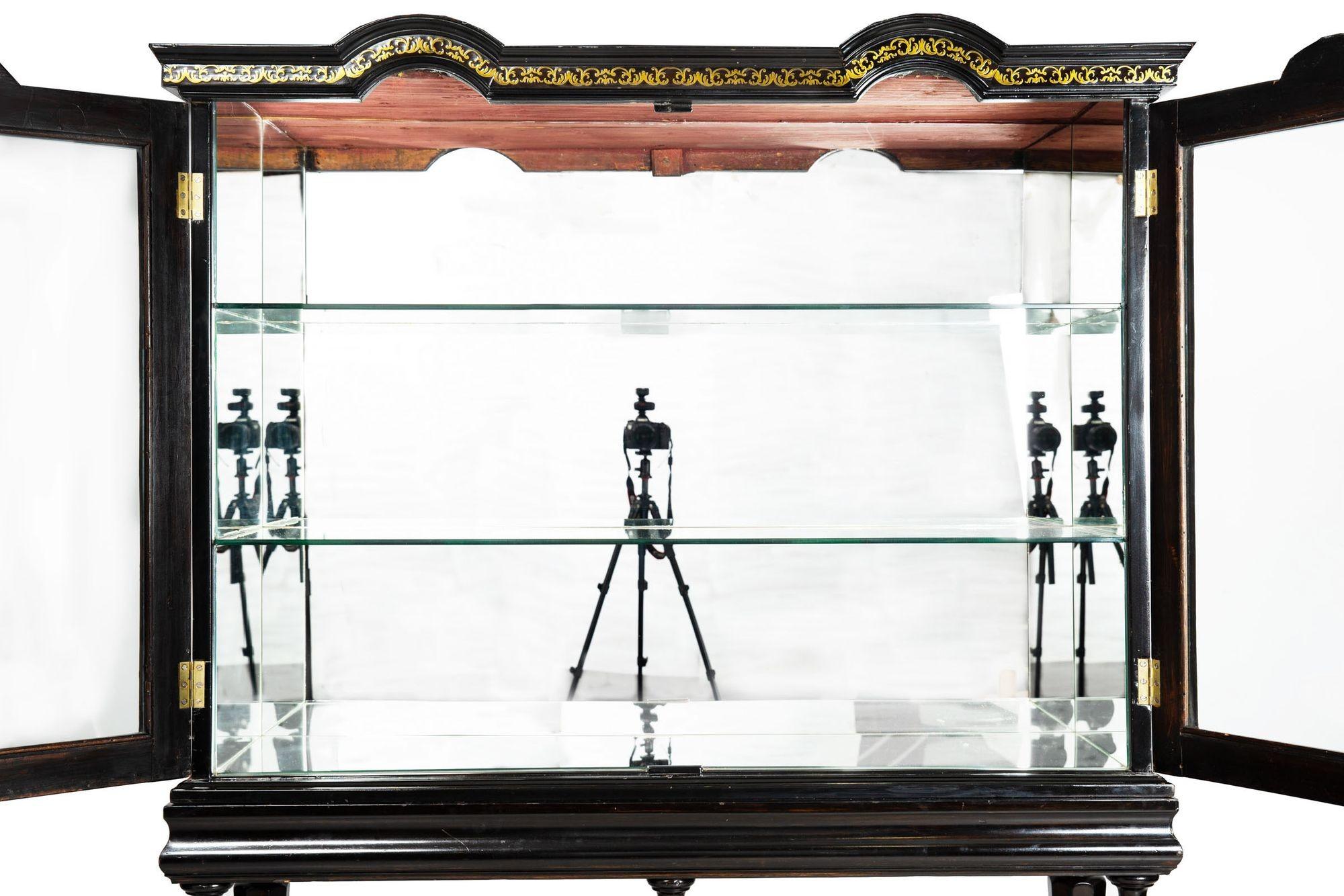 Louis XIV Antique Ebonized Brass-Inlaid Display Cabinet Bookcase Vitrine For Sale 2