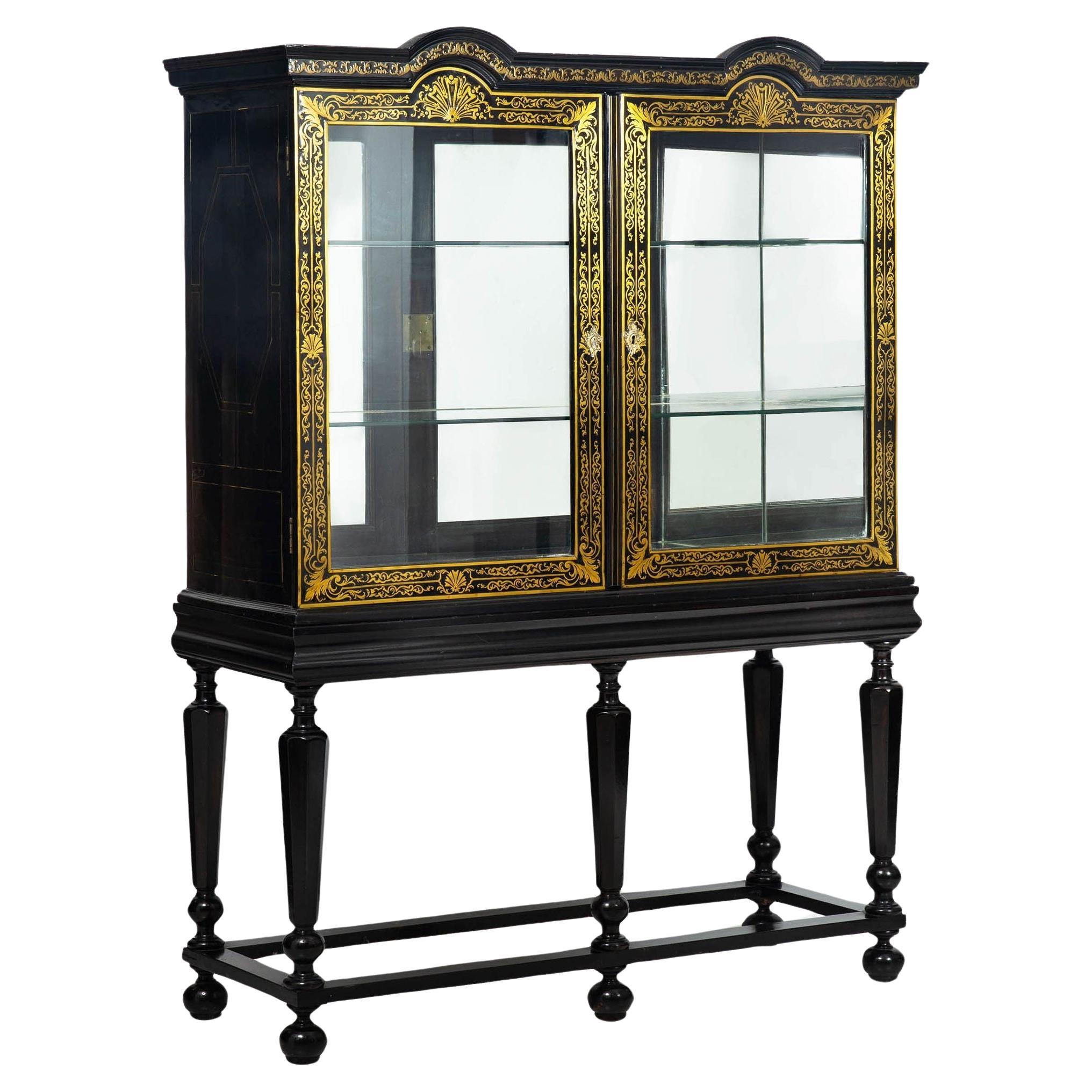 Louis XIV Antique Ebonized Brass-Inlaid Display Cabinet Bookcase Vitrine