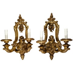 Louis XIV Baroque Style Italian Carved Giltwood Pair of Sconces, circa 1930