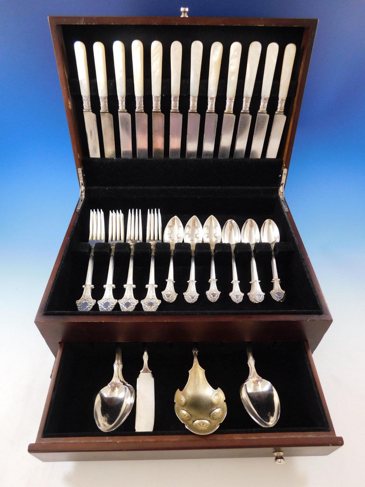 Scarce Louis XIV by Gorham sterling silver and mother-of-pearl flatware set of 56 pieces. This set includes:

12 mother-of-pearl handle knives with sterling collars, 9