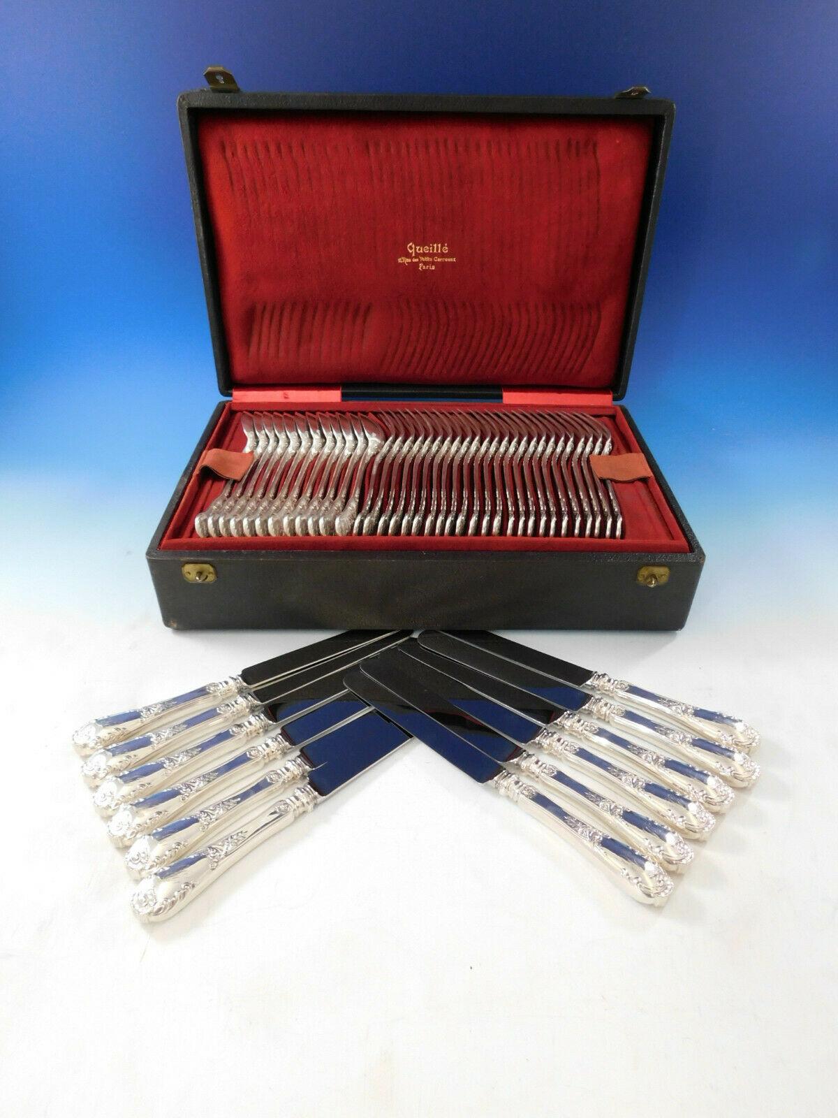 Louis XIV by Pierre Queille 950 French sterling silver dinner size Flatware set (with Louis XIV D&H dinner knives)- 78 pieces total. This set includes:

 12 Dinner Size Knives, 10 1/8