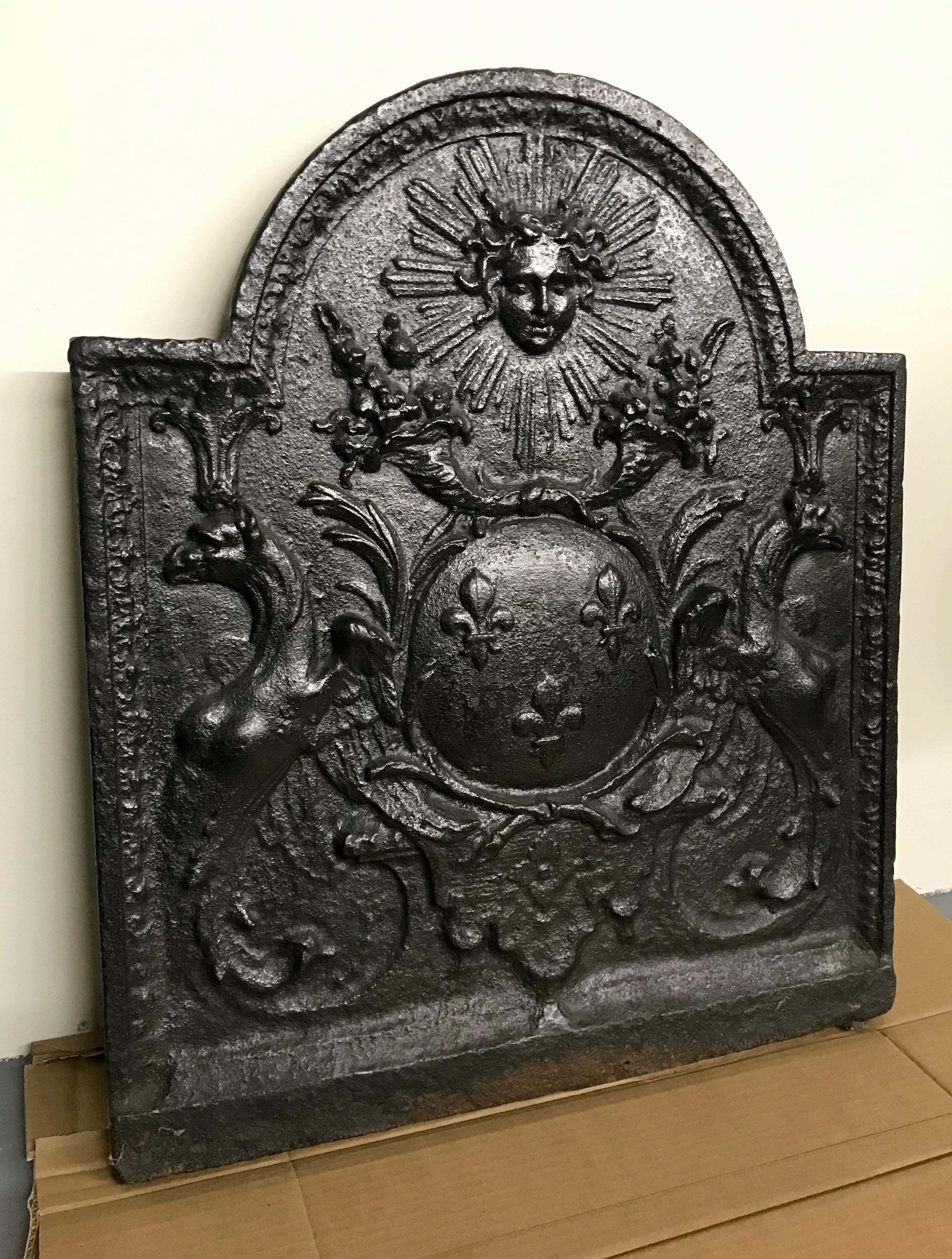 French Louis XIV Cast Iron Fireback Featuring the Sun King and Royal Heraldic Symbols