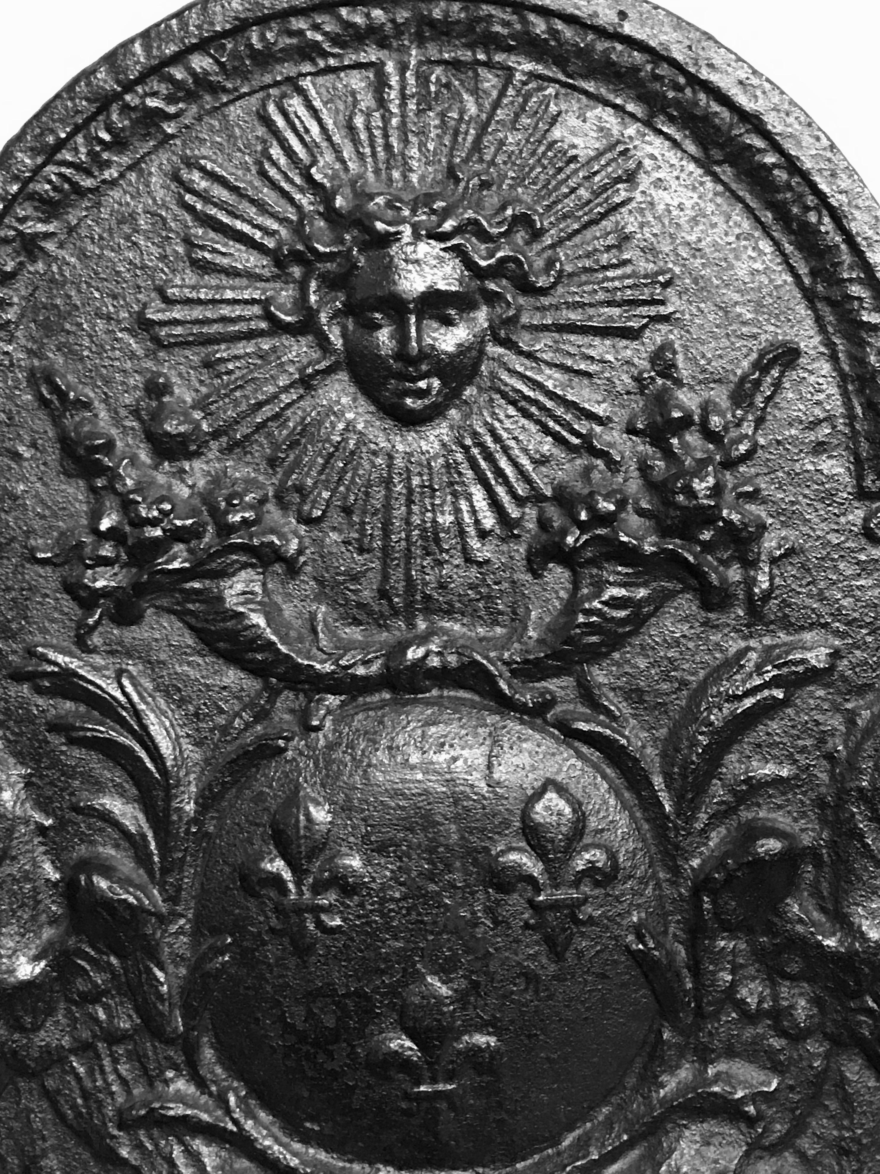 19th Century Louis XIV Cast Iron Fireback Featuring the Sun King and Royal Heraldic Symbols