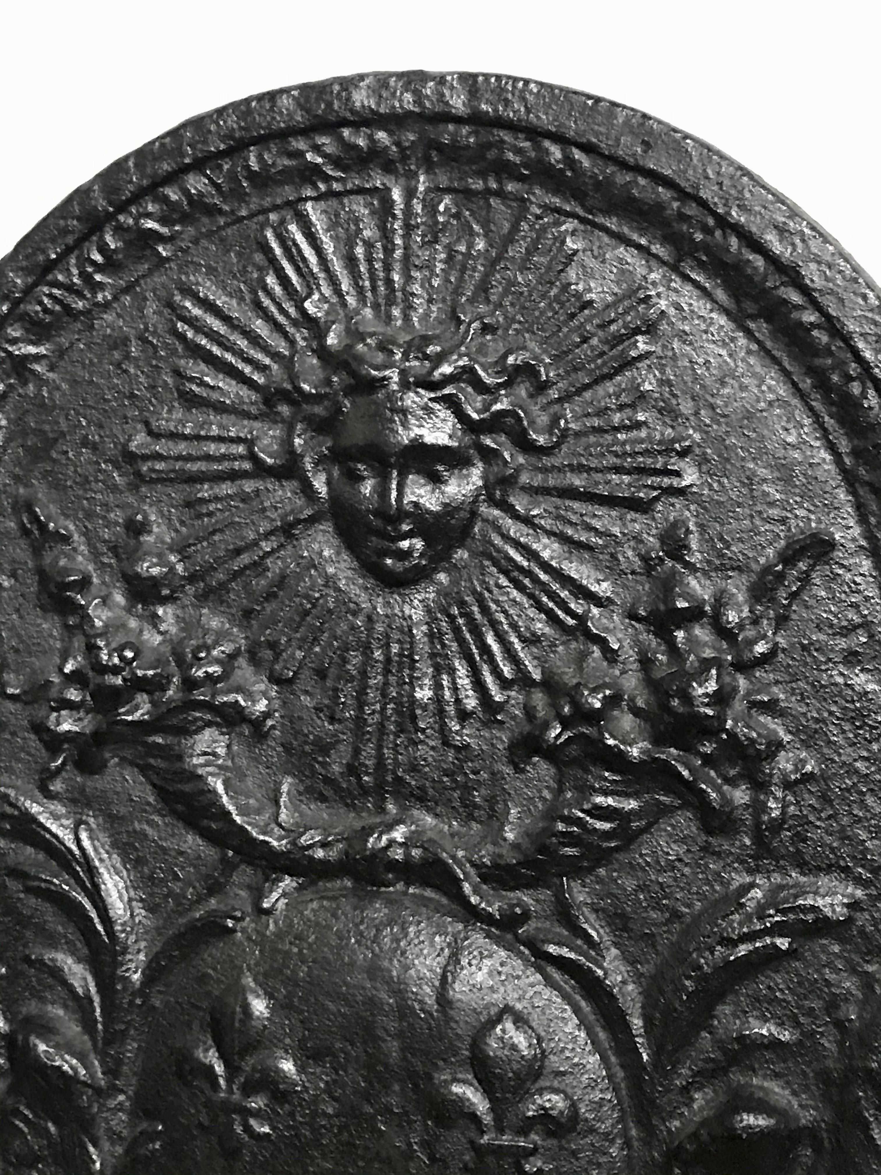 Louis XIV Cast Iron Fireback Featuring the Sun King and Royal Heraldic Symbols 1