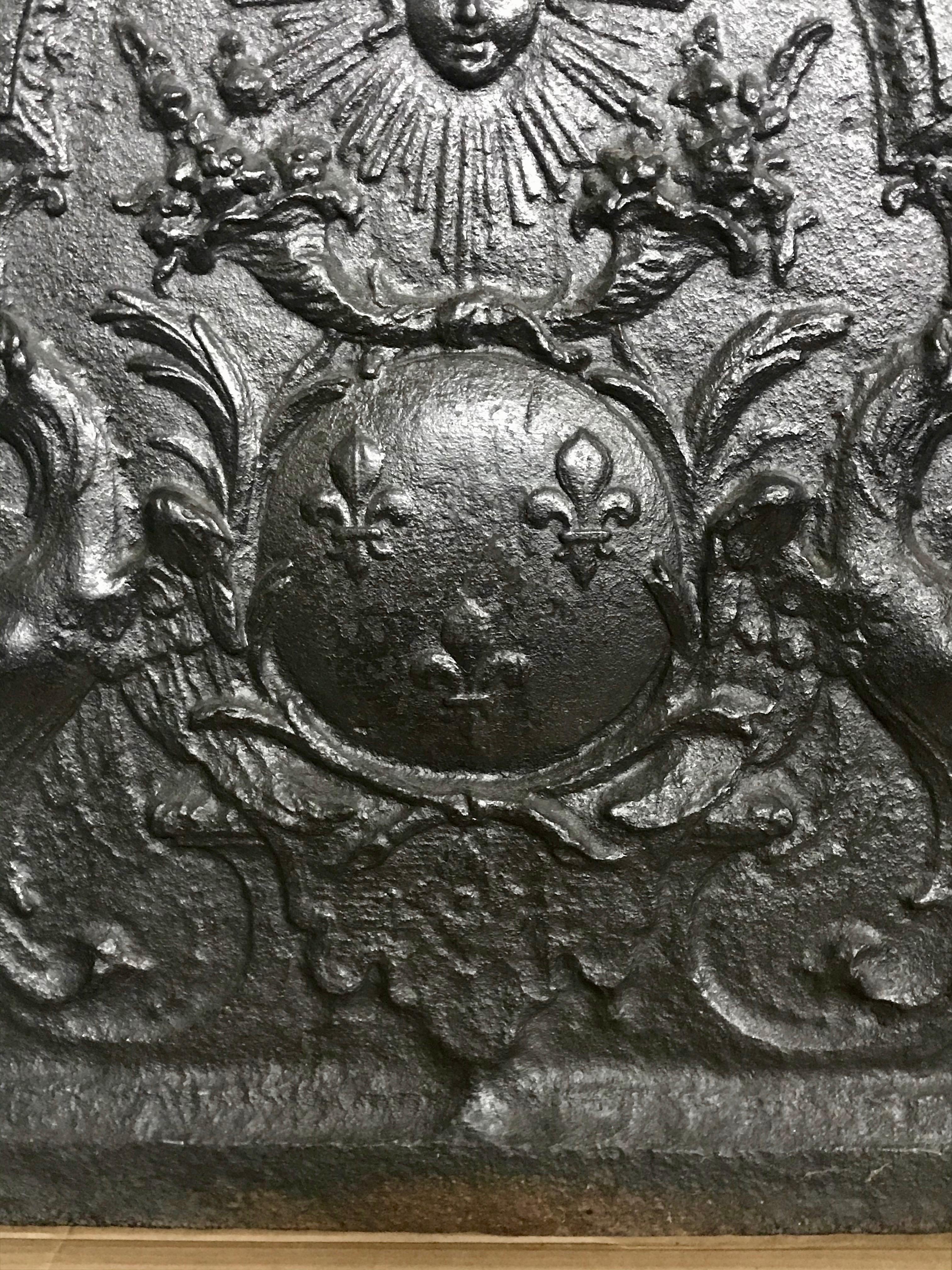 Louis XIV Cast Iron Fireback Featuring the Sun King and Royal Heraldic Symbols 2
