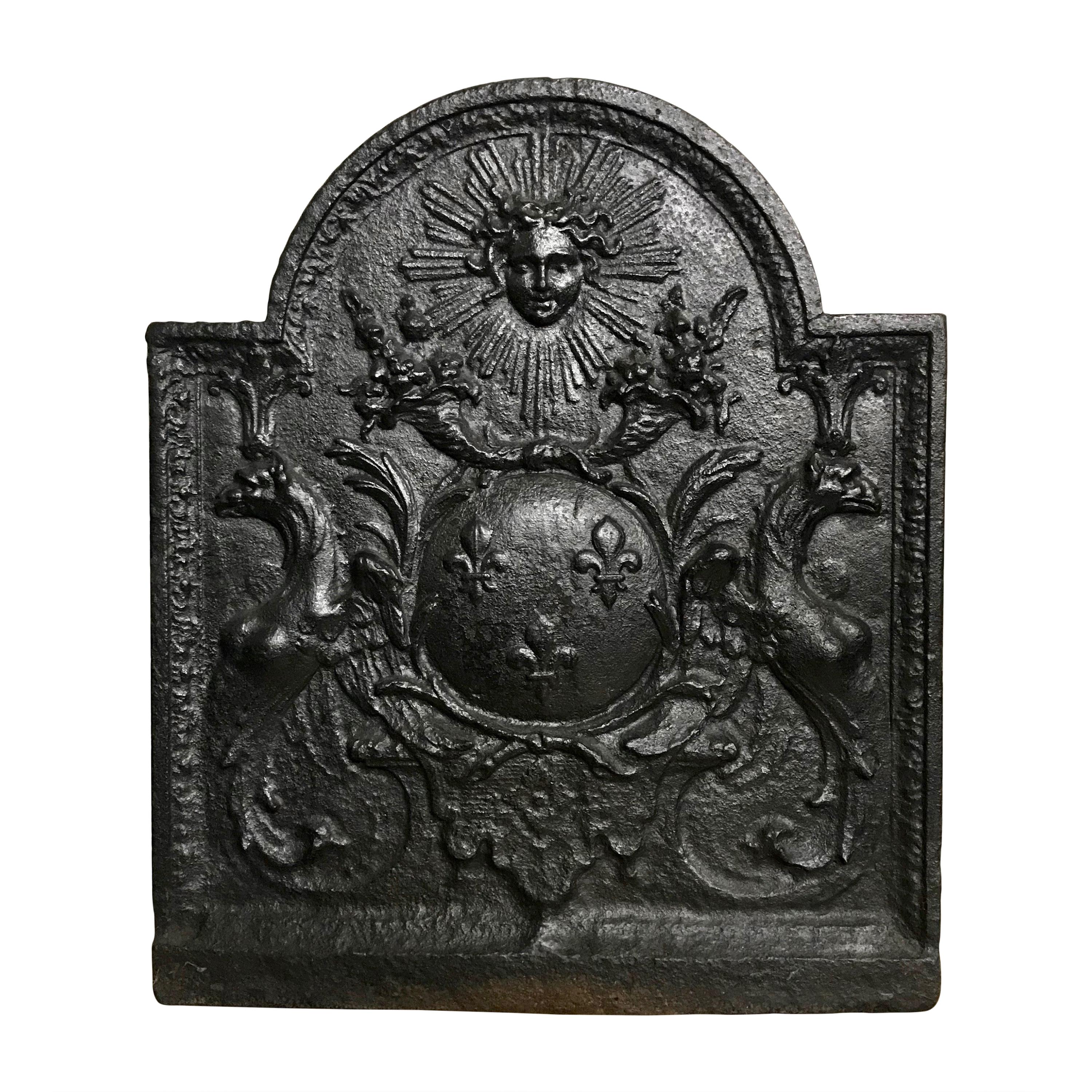 Louis XIV Cast Iron Fireback Featuring the Sun King and Royal Heraldic Symbols