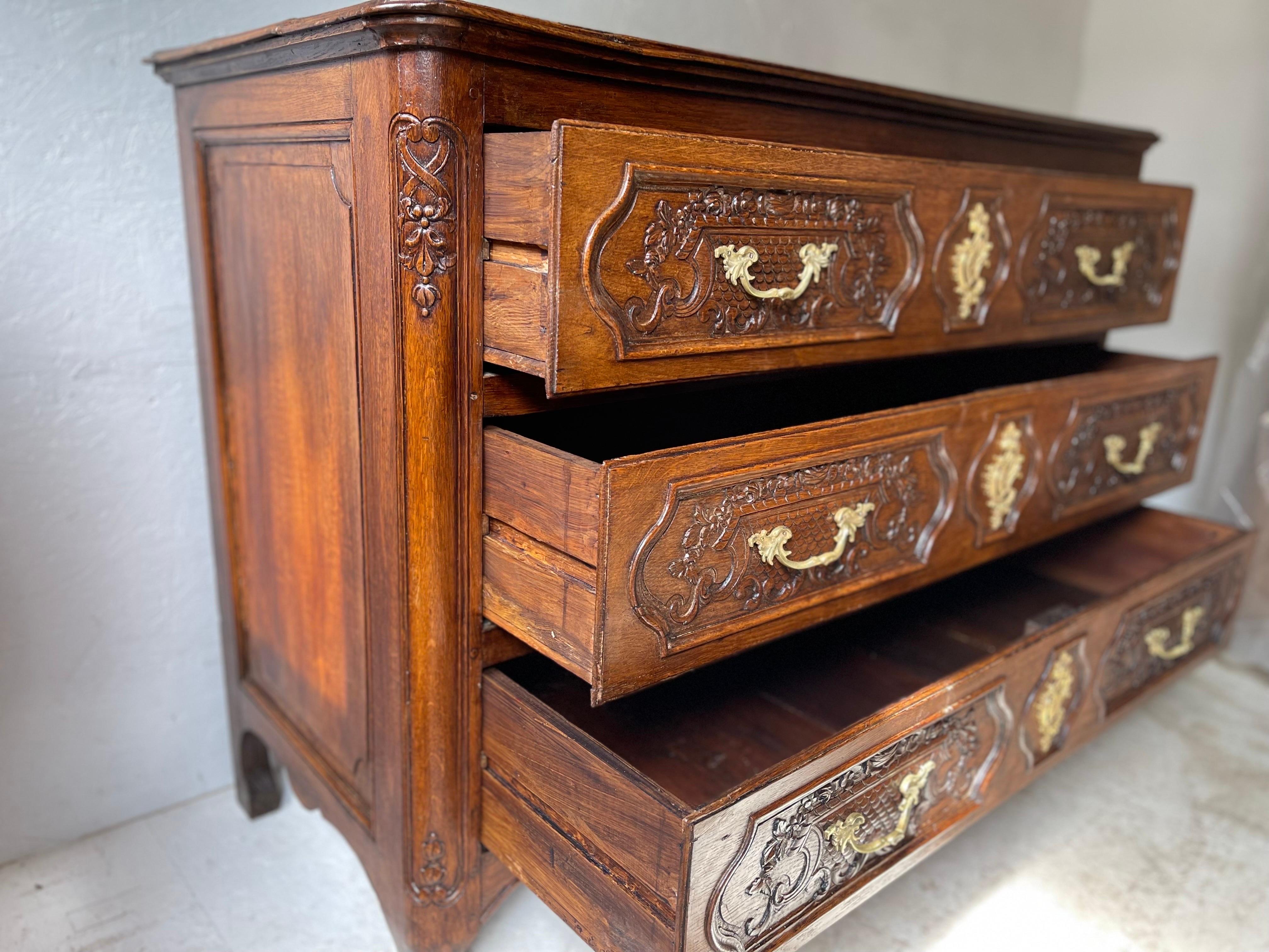 Oak Louis XIV chest of drawers carved oak liege 18th century  For Sale