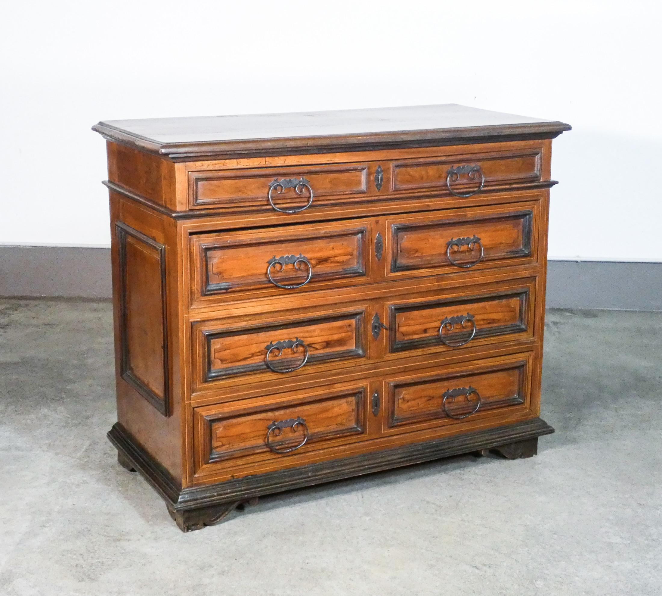 Louis XIV Chest of Drawers, Original Period in Wood and Walnut Burl With Ebonized Details. 
Three and a Half Drawers. Original Key, Locks and Hardware. 
Eighteenth Century

Period: Eighteenth Century
Materials: Solid Wood and Walnut Burl. Drawer