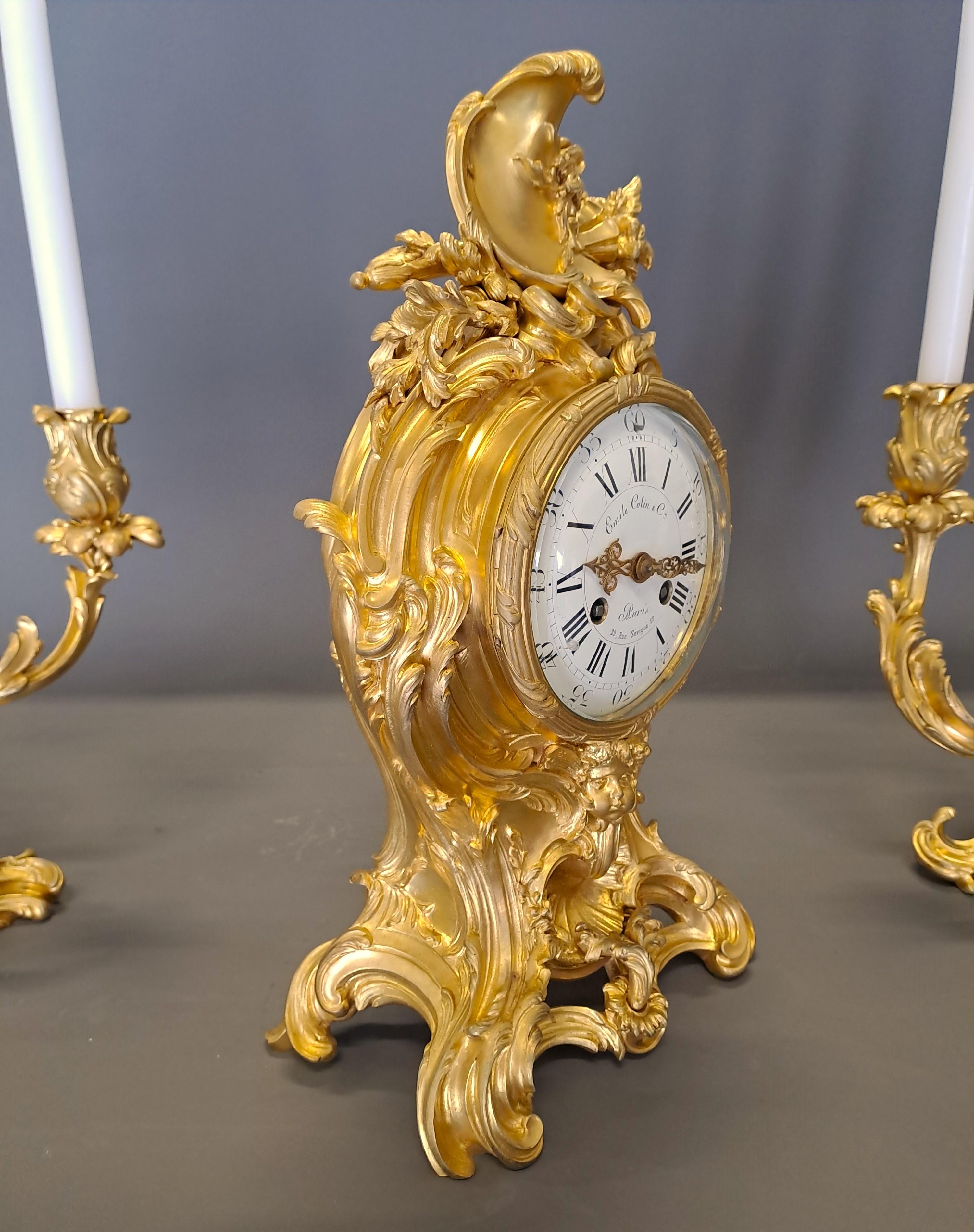 Louis XIV Clock & Candelabra In Gilt Bronze Signed Emile Colin & Cie Paris For Sale 5