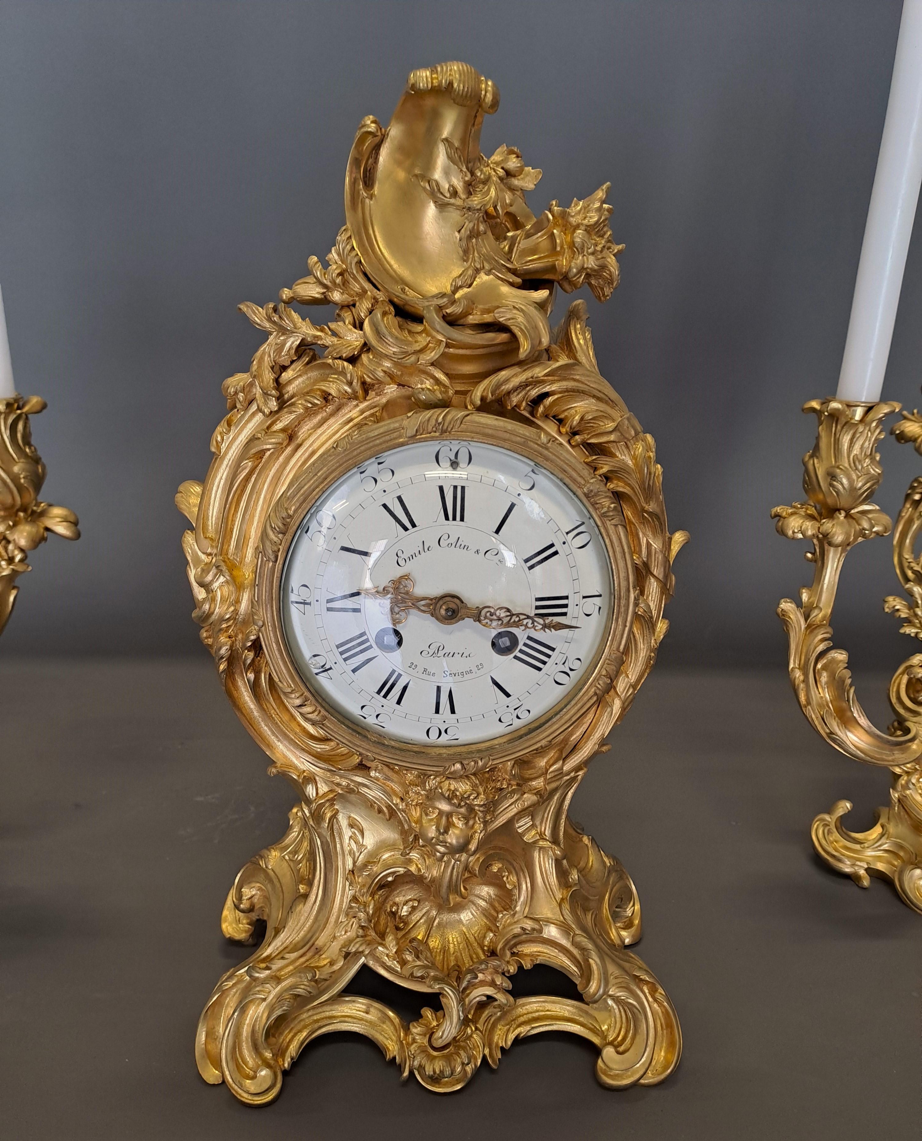 French Louis XIV Clock & Candelabra In Gilt Bronze Signed Emile Colin & Cie Paris For Sale