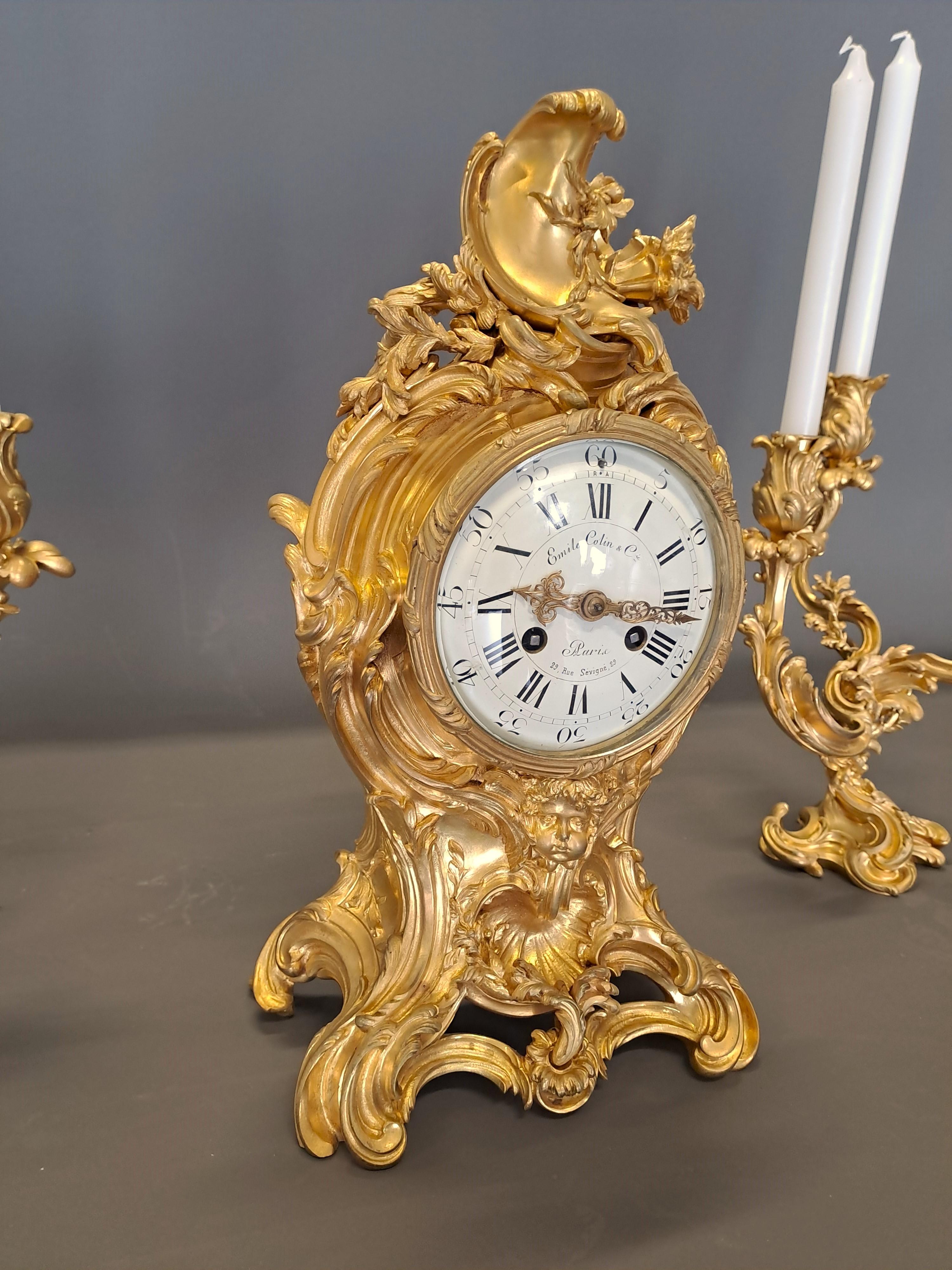Louis XIV Clock & Candelabra In Gilt Bronze Signed Emile Colin & Cie Paris In Good Condition For Sale In BARSAC, FR
