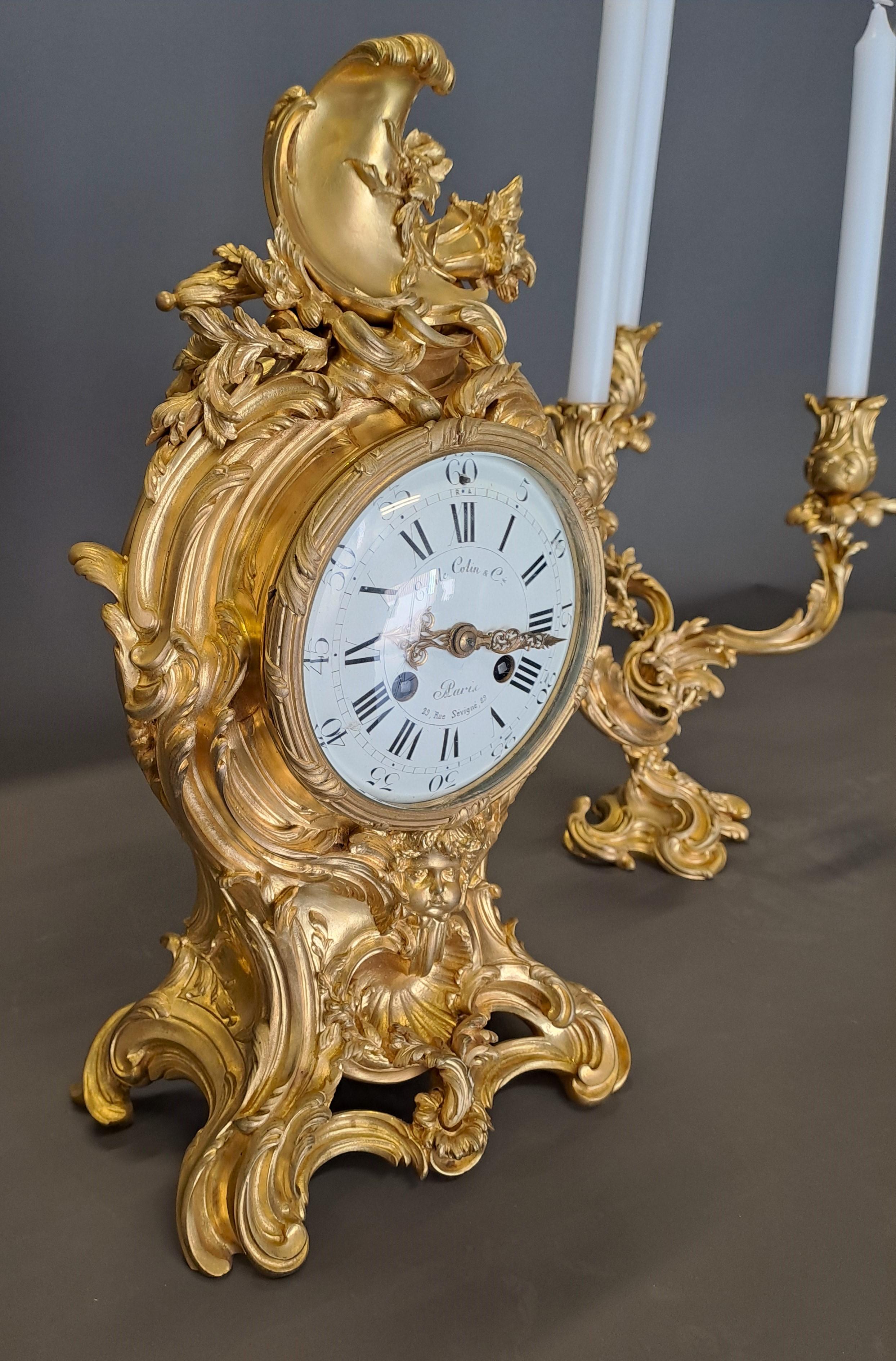 Louis XIV Clock & Candelabra In Gilt Bronze Signed Emile Colin & Cie Paris For Sale 3
