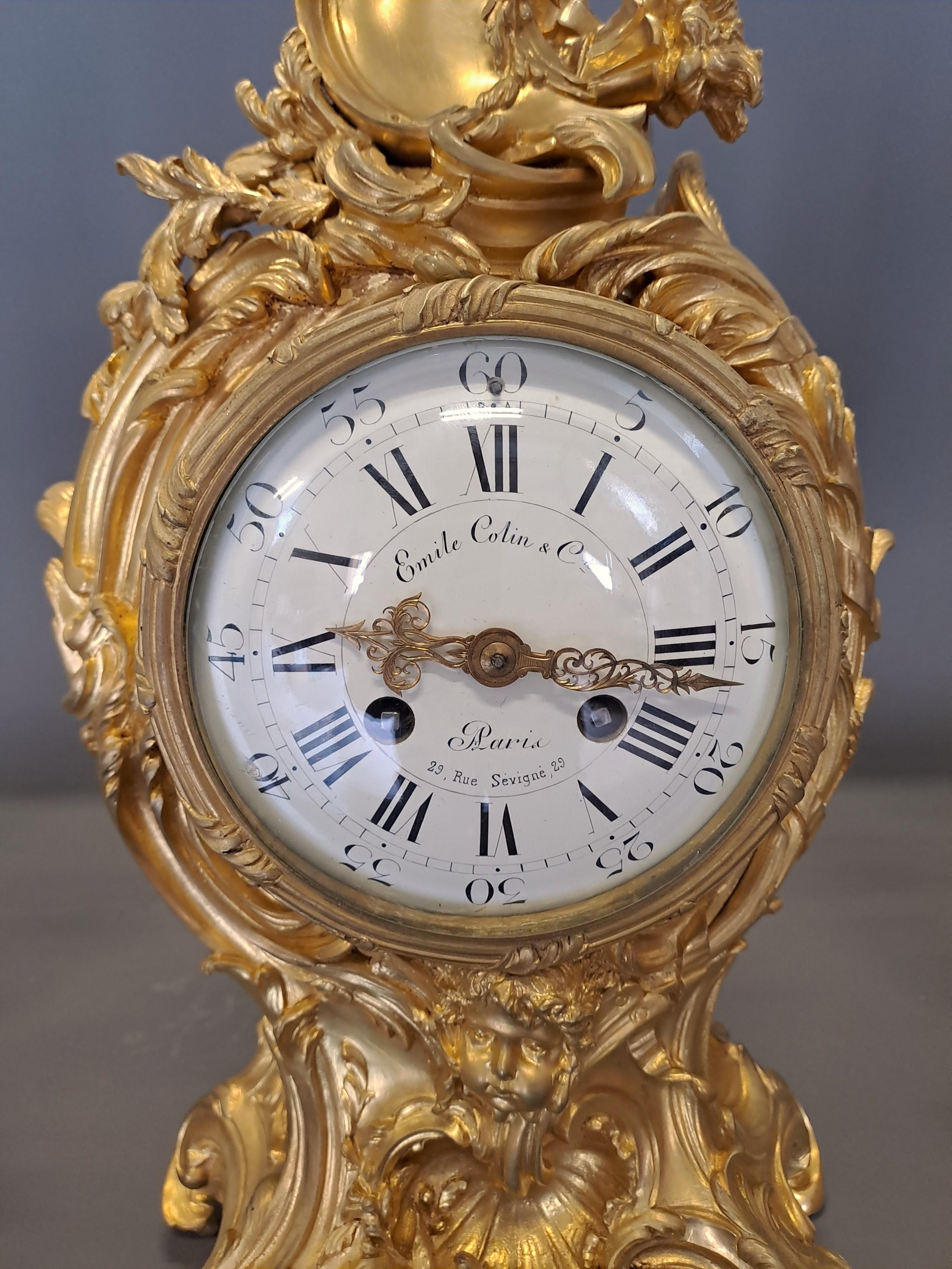 Louis XIV Clock & Candelabra In Gilt Bronze Signed Emile Colin & Cie Paris For Sale 4