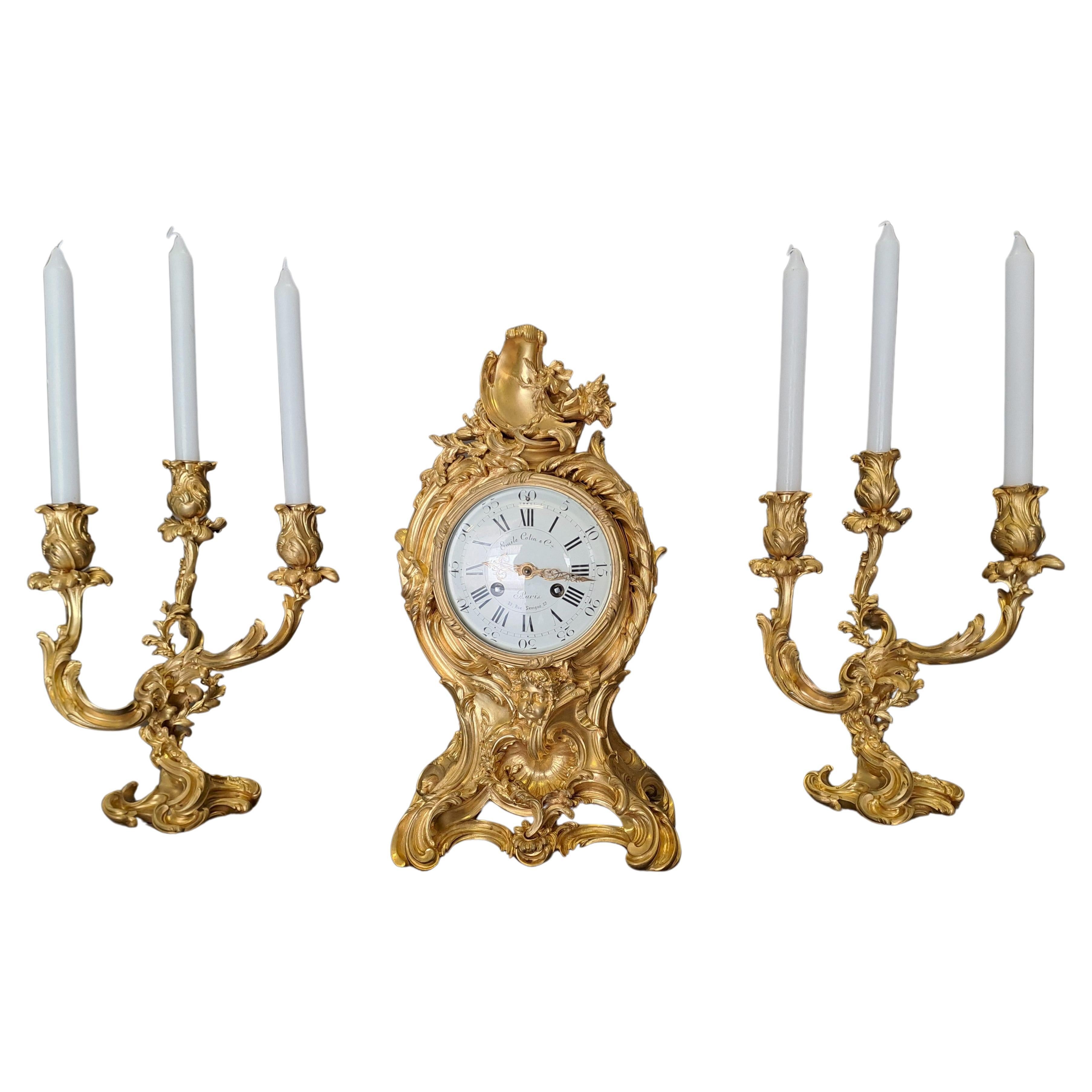 Reloj y Candelabro Luis XIV en Bronce Dorado Firmado Emile Colin & Cie Paris