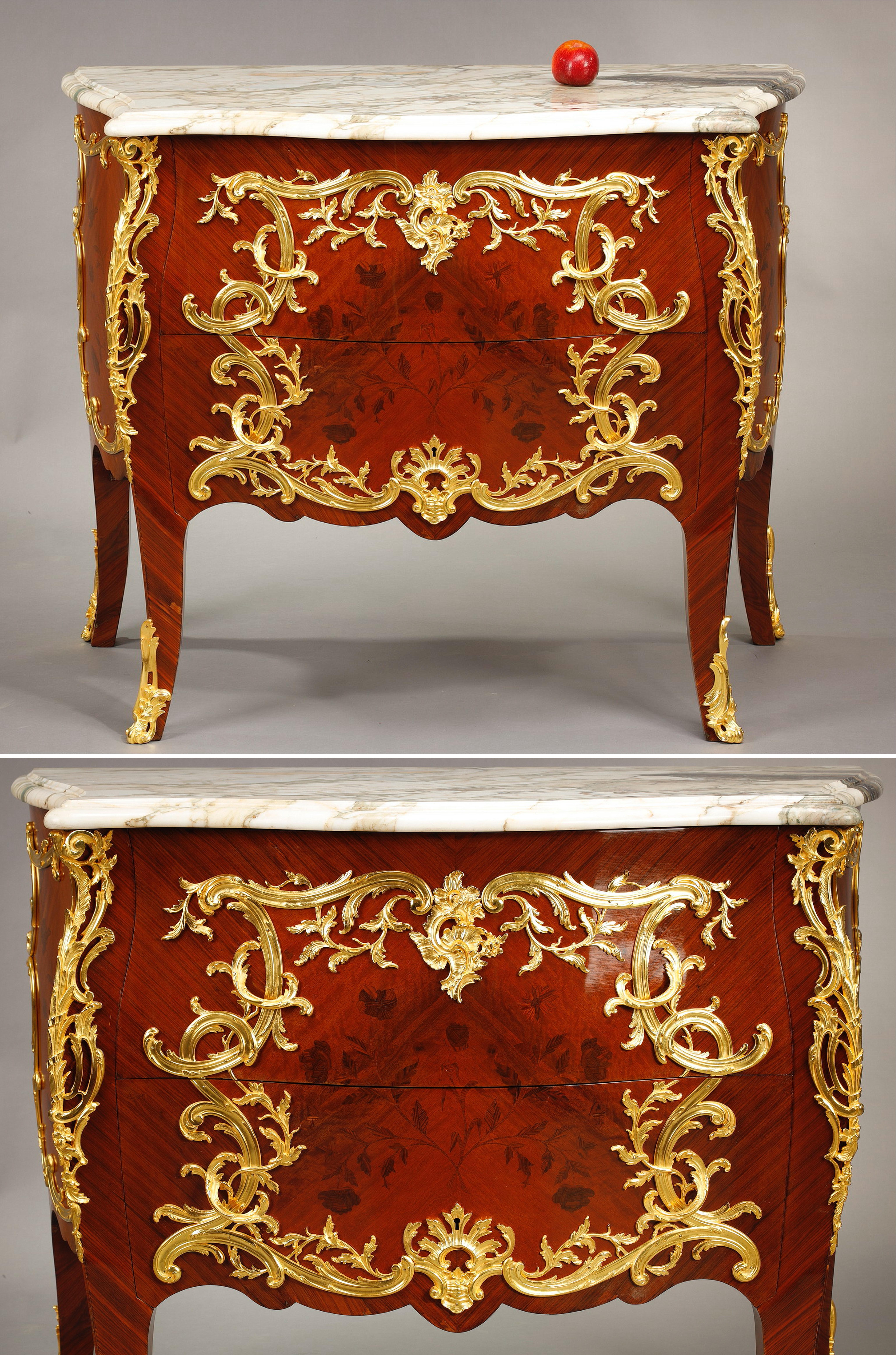 Kommode im Stil Louis XV mit Holzeinlegearbeiten, verziert mit vergoldeten Bronzen. Er ist mit Intarsien aus Zweigen und Blumen aus verschiedenen Hölzern verziert, die in vergoldete Bronze-Rocaillekartuschen eingefasst sind. Die Pfosten werden durch