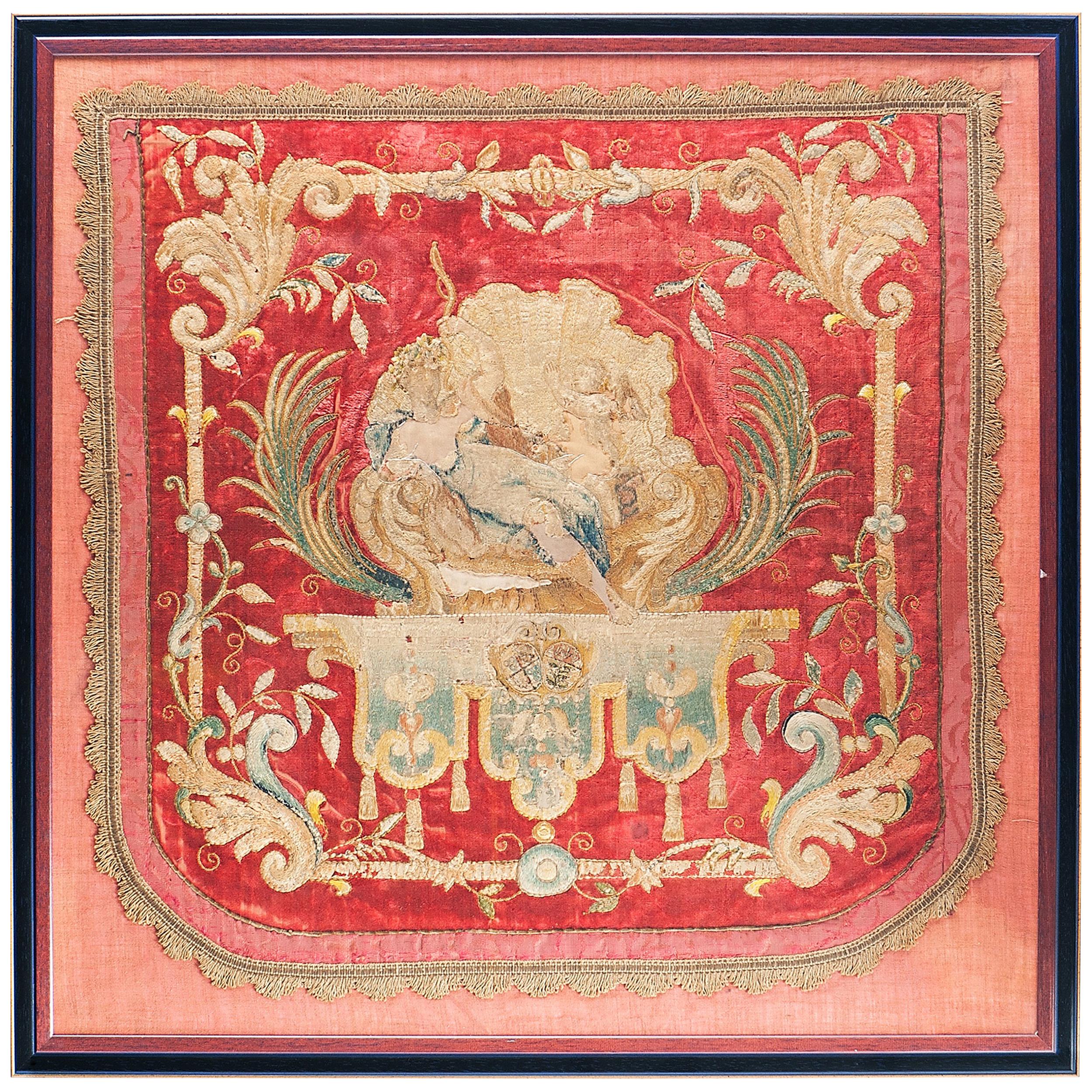 Louis XIV Embroidery Panel with Venus and Amor and Two Coat-of-Arms For Sale
