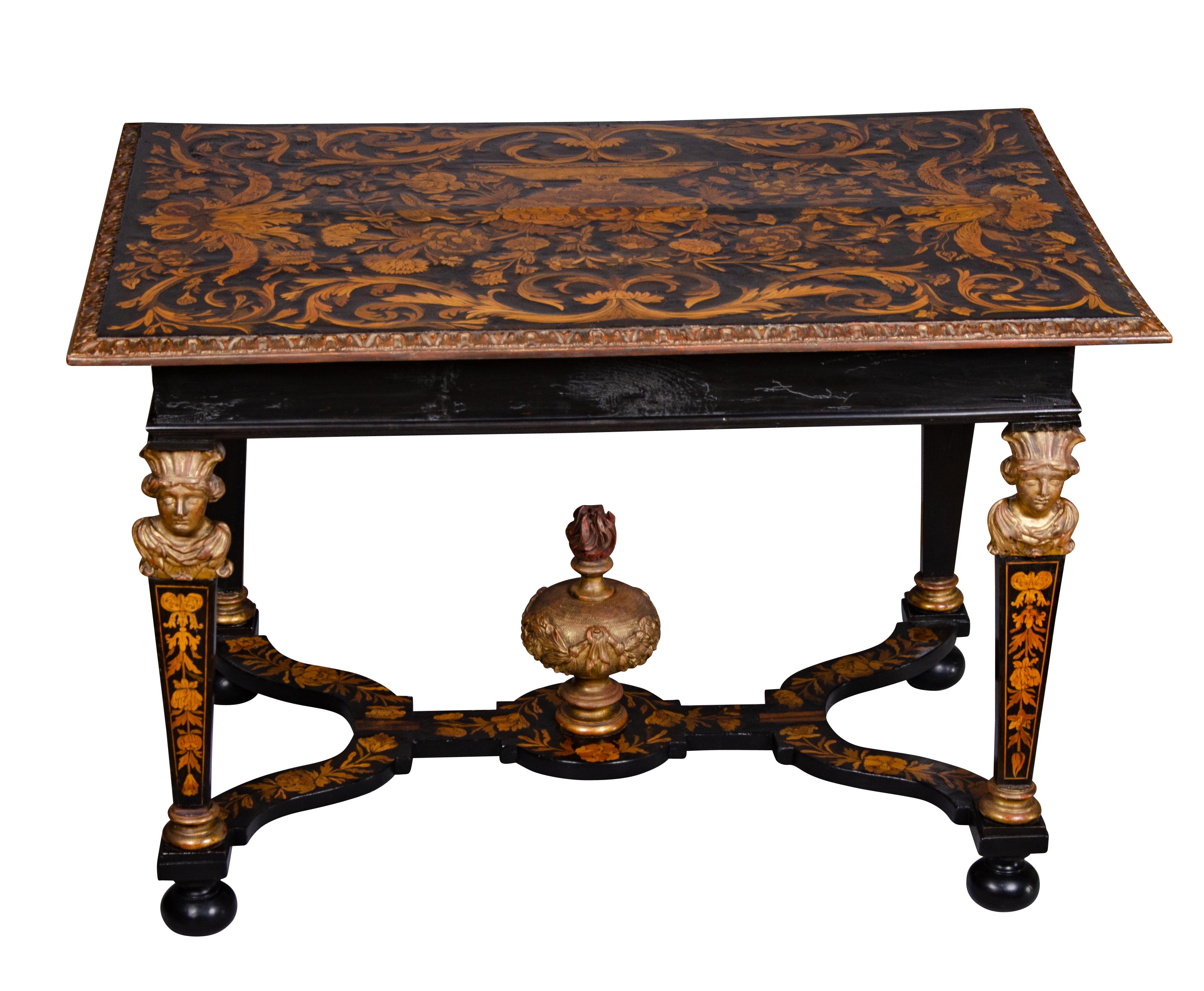 Boxwood Louis XIV Marquetry and Ebonized Writing / Center Table For Sale