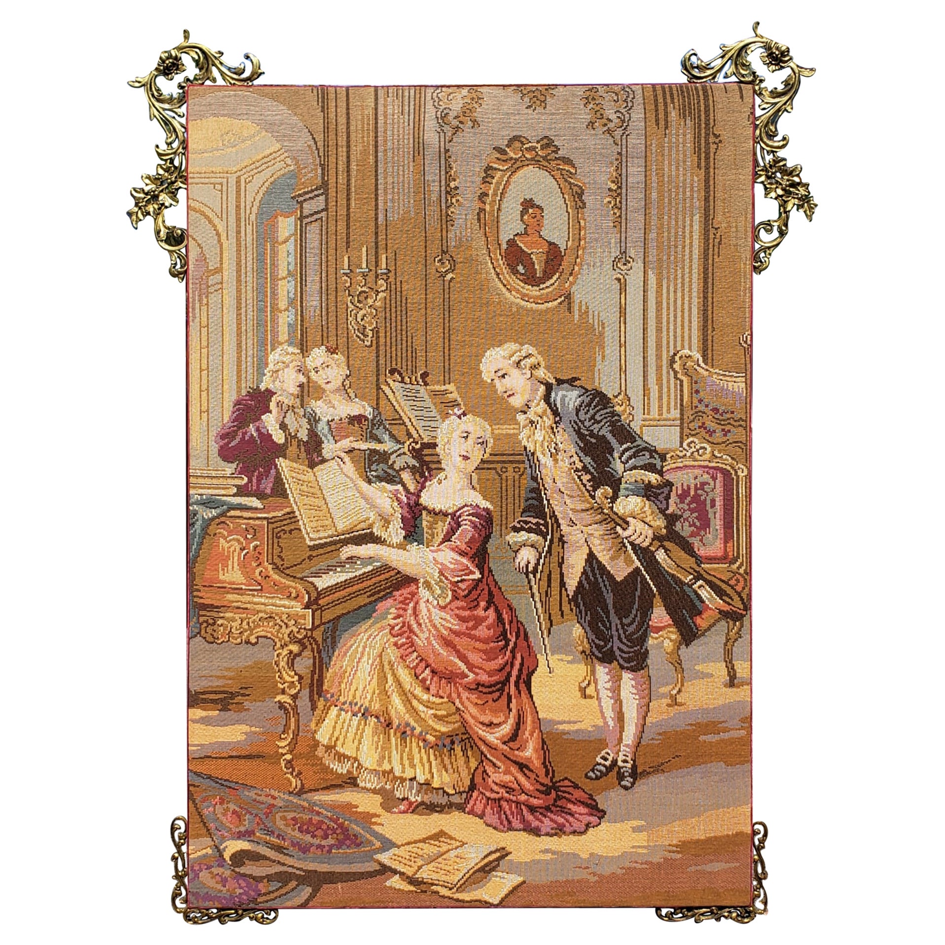 Tapisserie tissée à la main de style Louis XIV montée et encadrée en bronze doré en vente