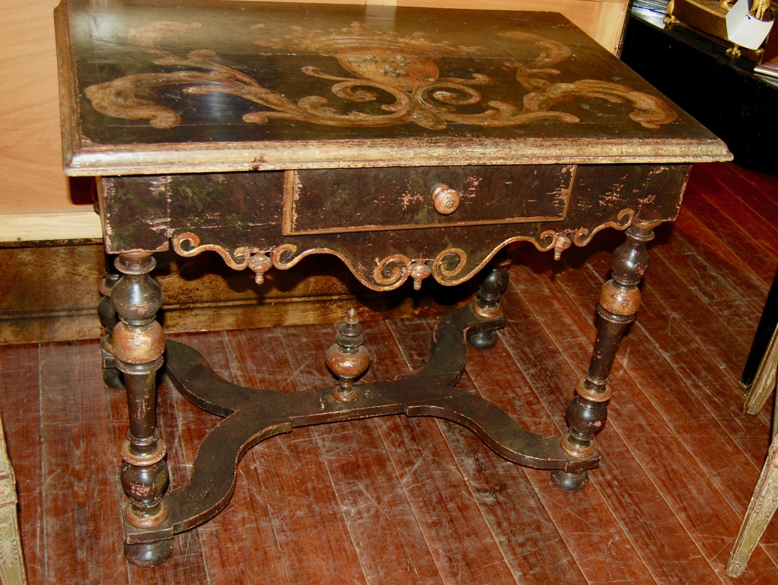 Period Louis XIV walnut French writing table with later painted decoration.