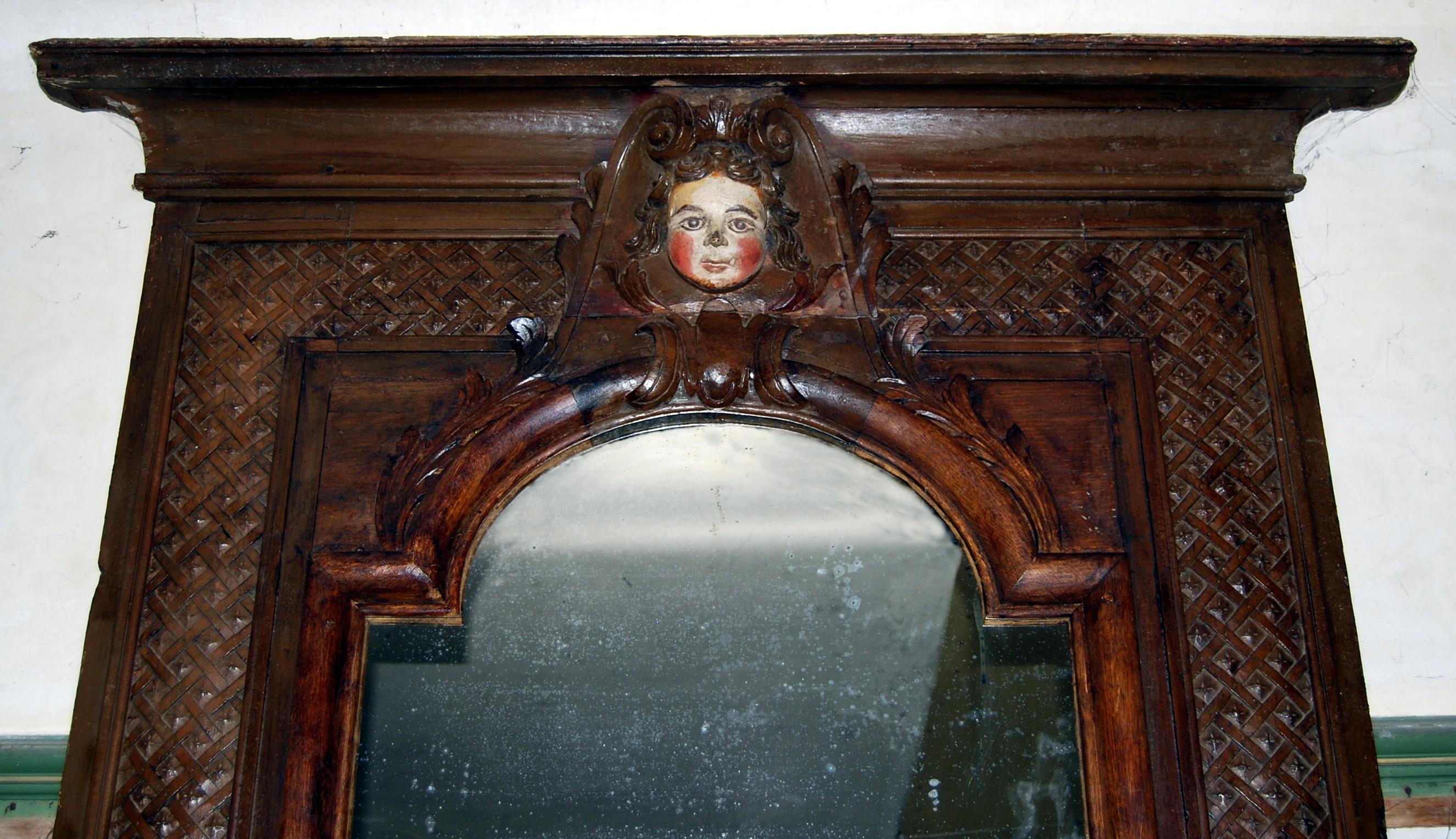 French Louis XIV period carved wood fireplace mantel with humanized moon decoration For Sale
