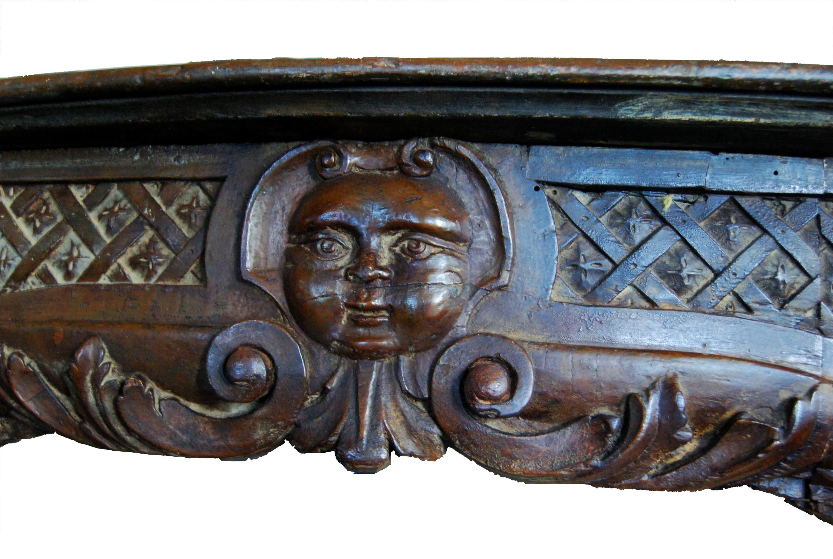 Wood Louis XIV period carved wood fireplace mantel with humanized moon decoration For Sale