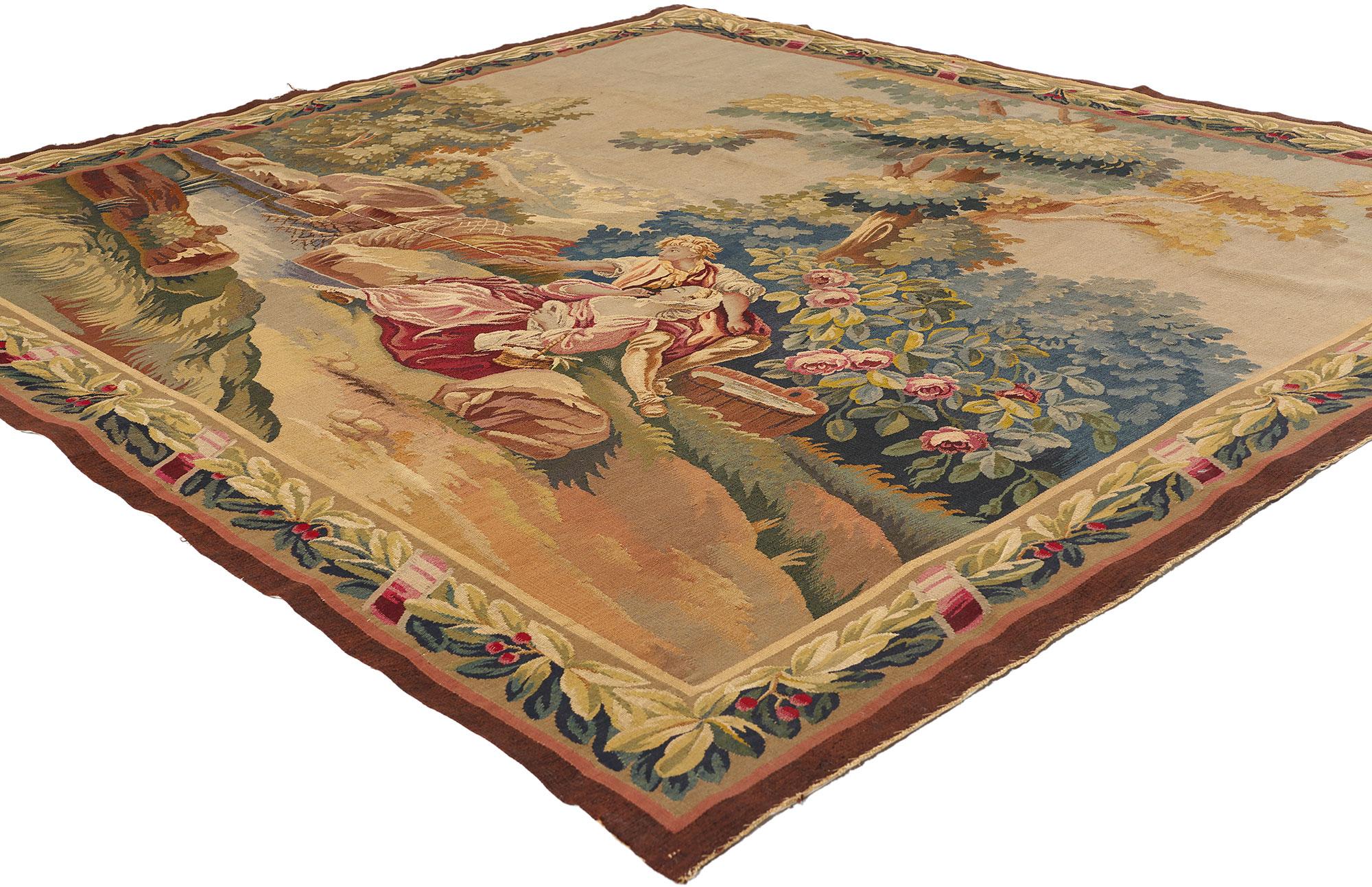 77257 Antique French Aubusson Tapestry, 06'08 x 07'01. Nestled within the quaint confines of Aubusson, France, French Aubusson tapestries have mesmerized connoisseurs since the 14th century, their allure enduring through the ages. Employing the