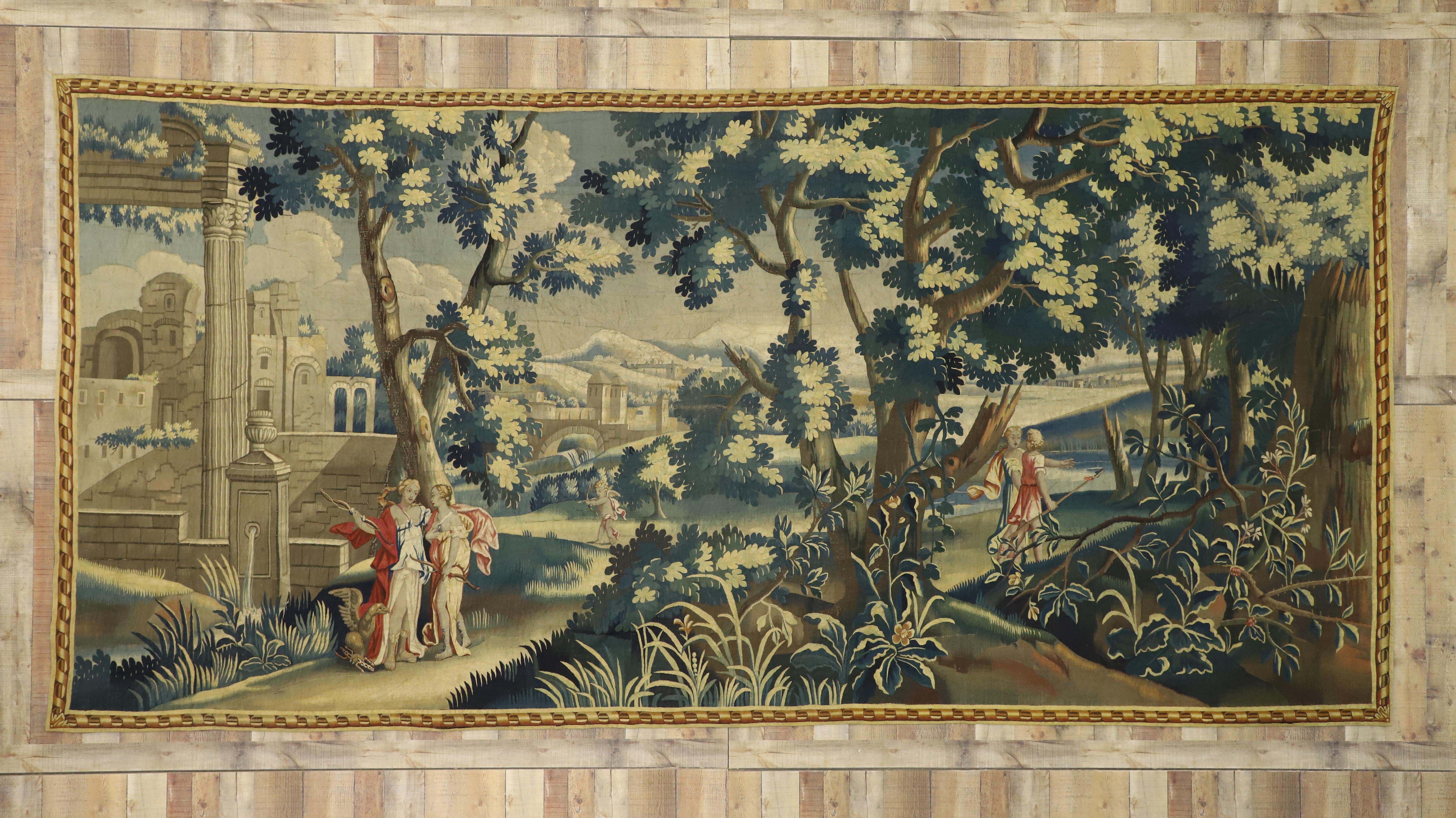 Wool 1820's Antique French Aubusson Verdure Tapestry, Adonis, Venus, & Amour For Sale