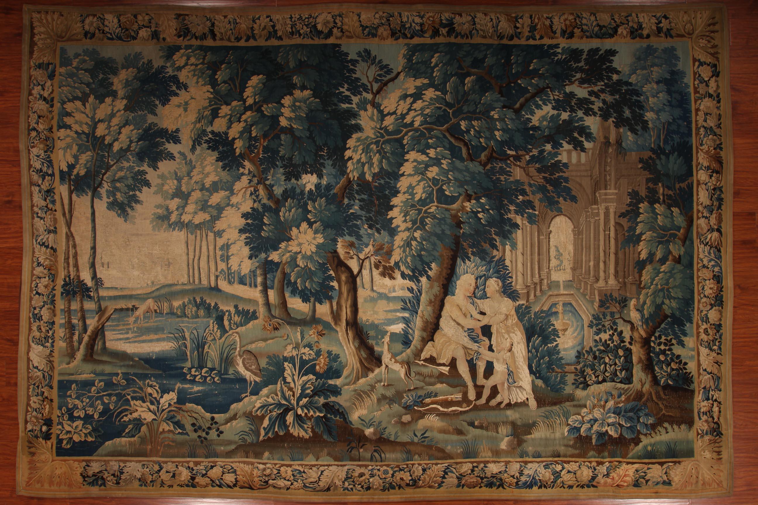 Louis XIV Style Antique French Aubusson Verdure Tapestry, Venus and Adonis For Sale 4