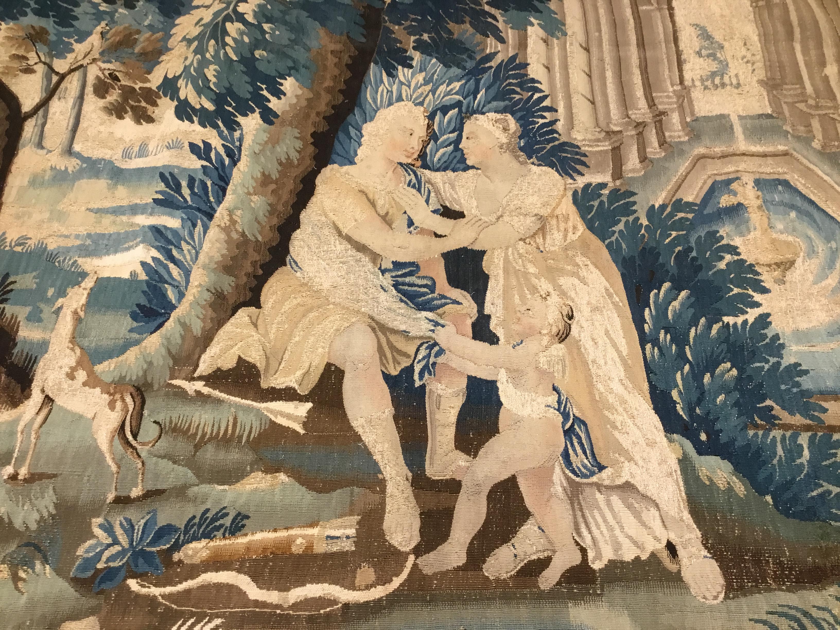 Louis XIV Style Antique French Aubusson Verdure Tapestry, Venus and Adonis In Good Condition For Sale In Dallas, TX
