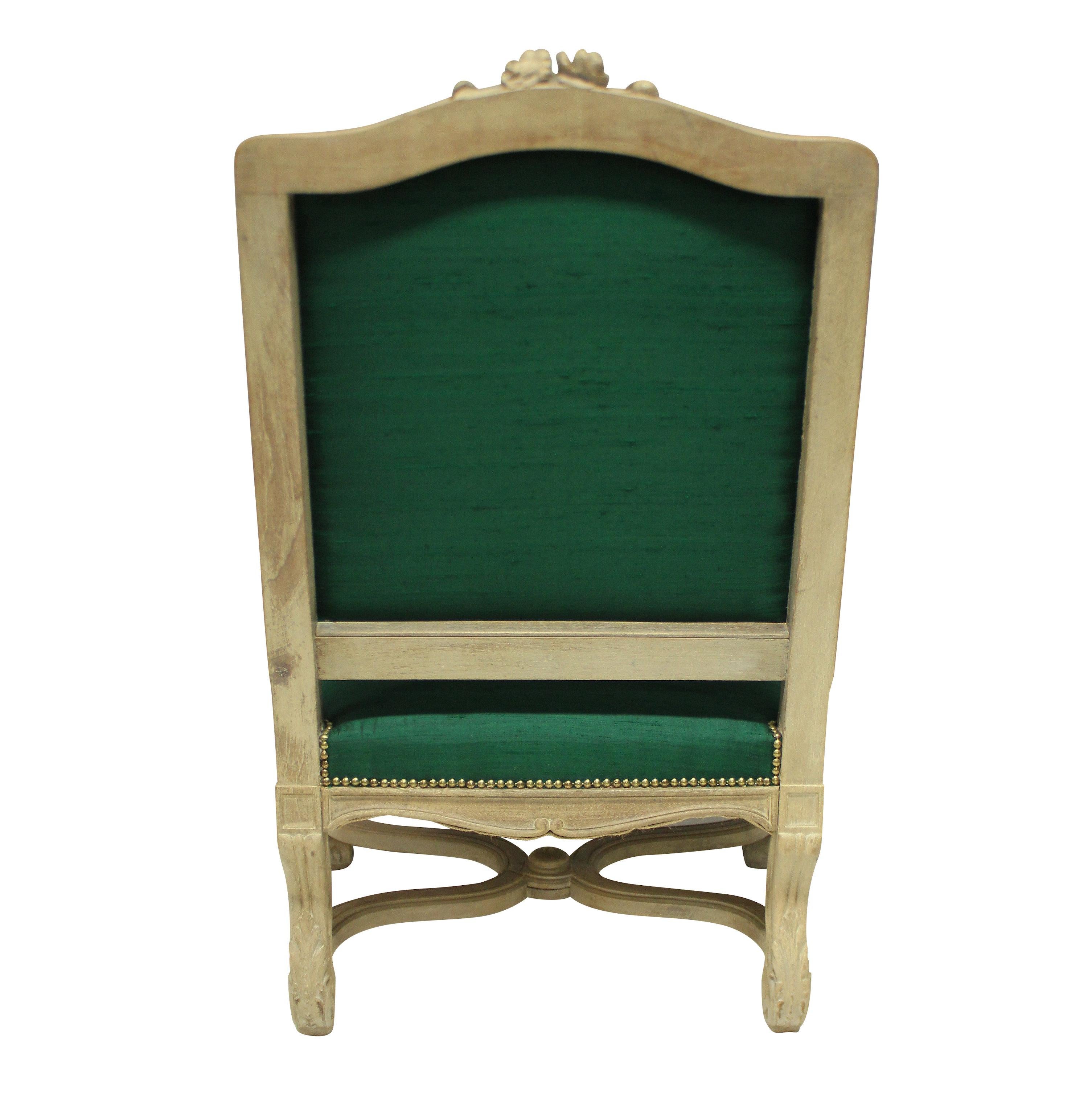 French Louis XIV Style Armchair in Emerald Silk For Sale