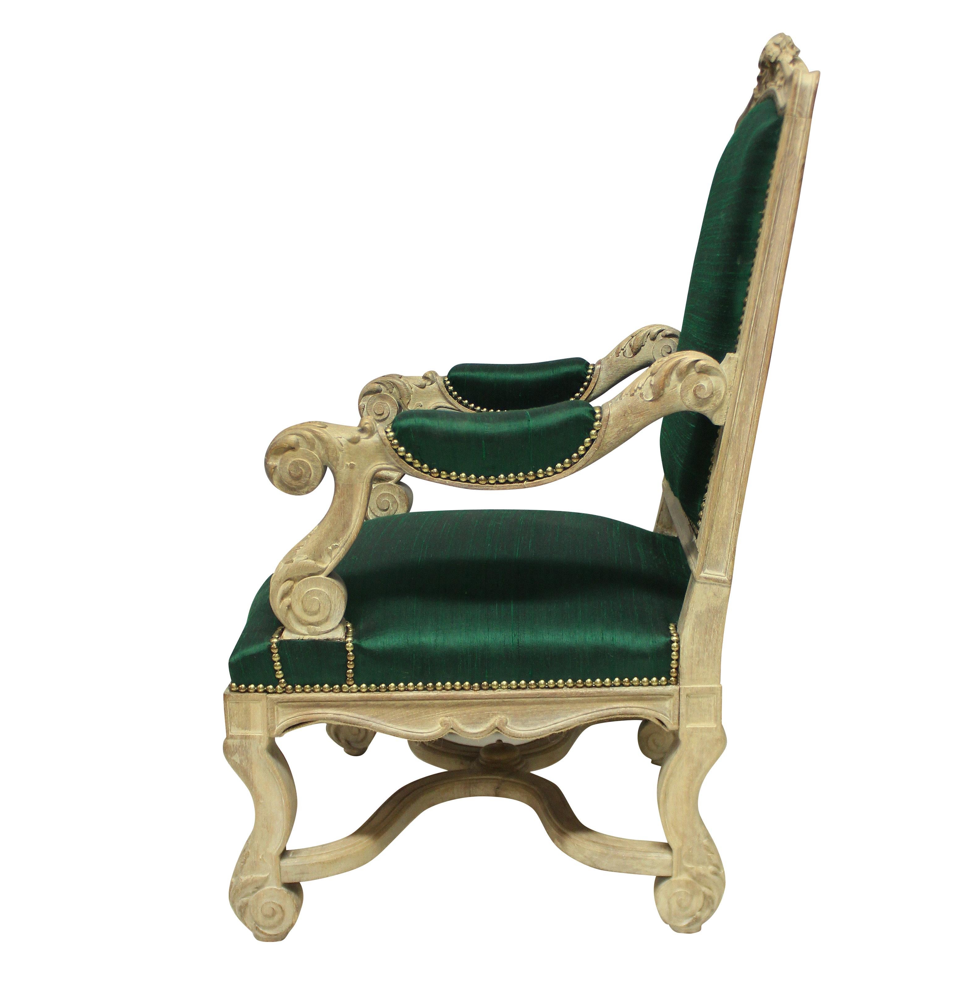 Bleached Louis XIV Style Armchair in Emerald Silk For Sale