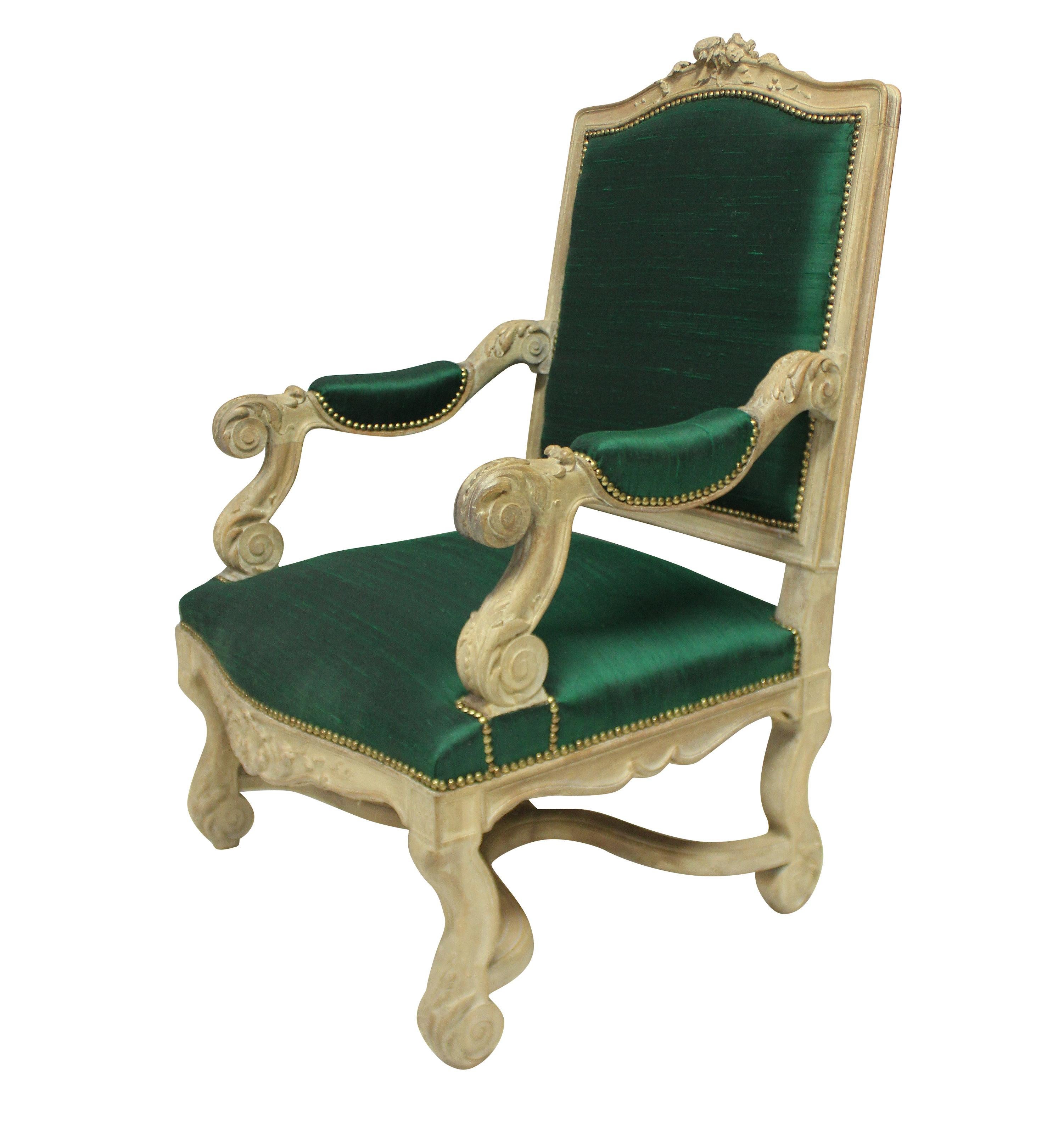 Louis XIV Style Armchair in Emerald Silk In Good Condition For Sale In London, GB
