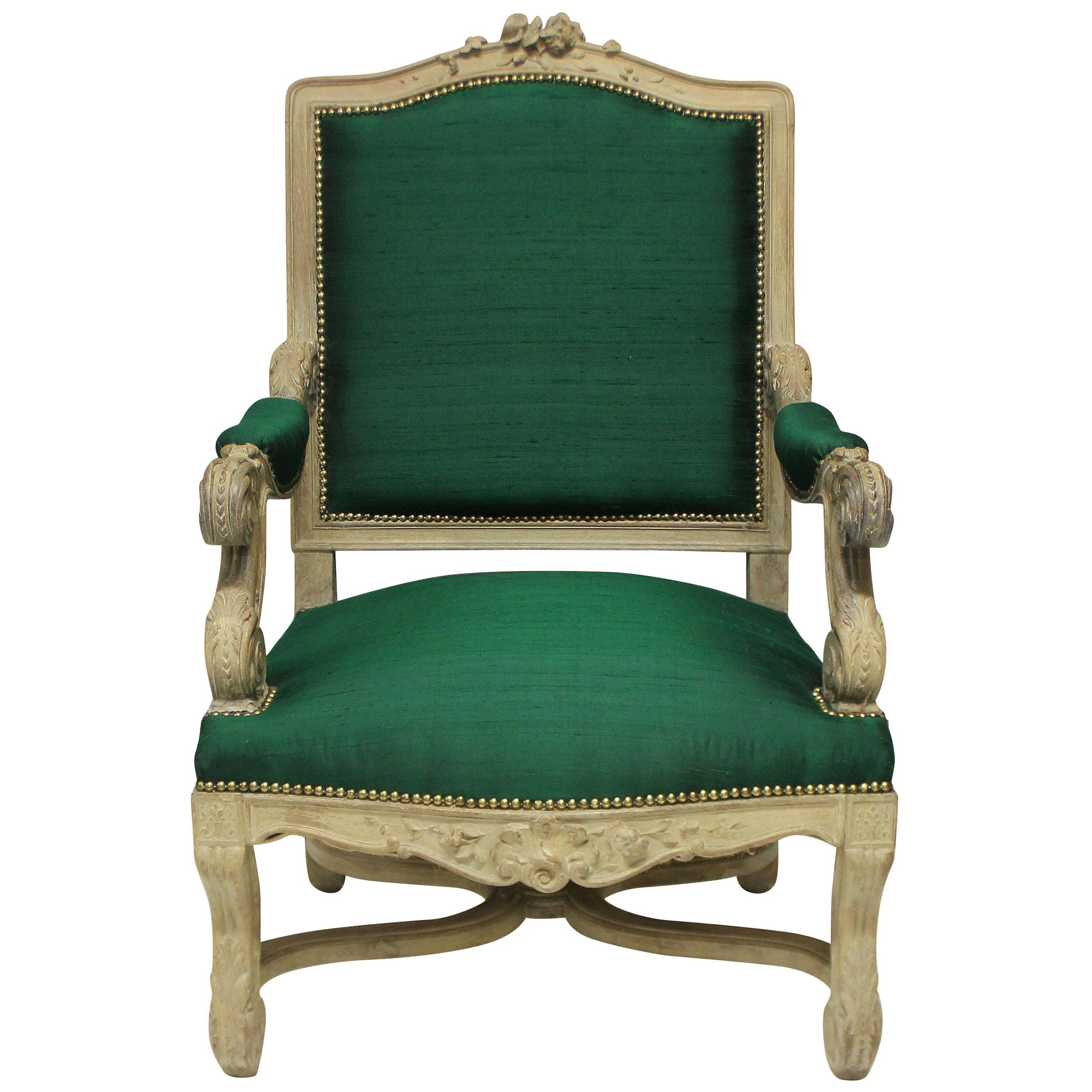 Louis XIV Style Armchair in Emerald Silk