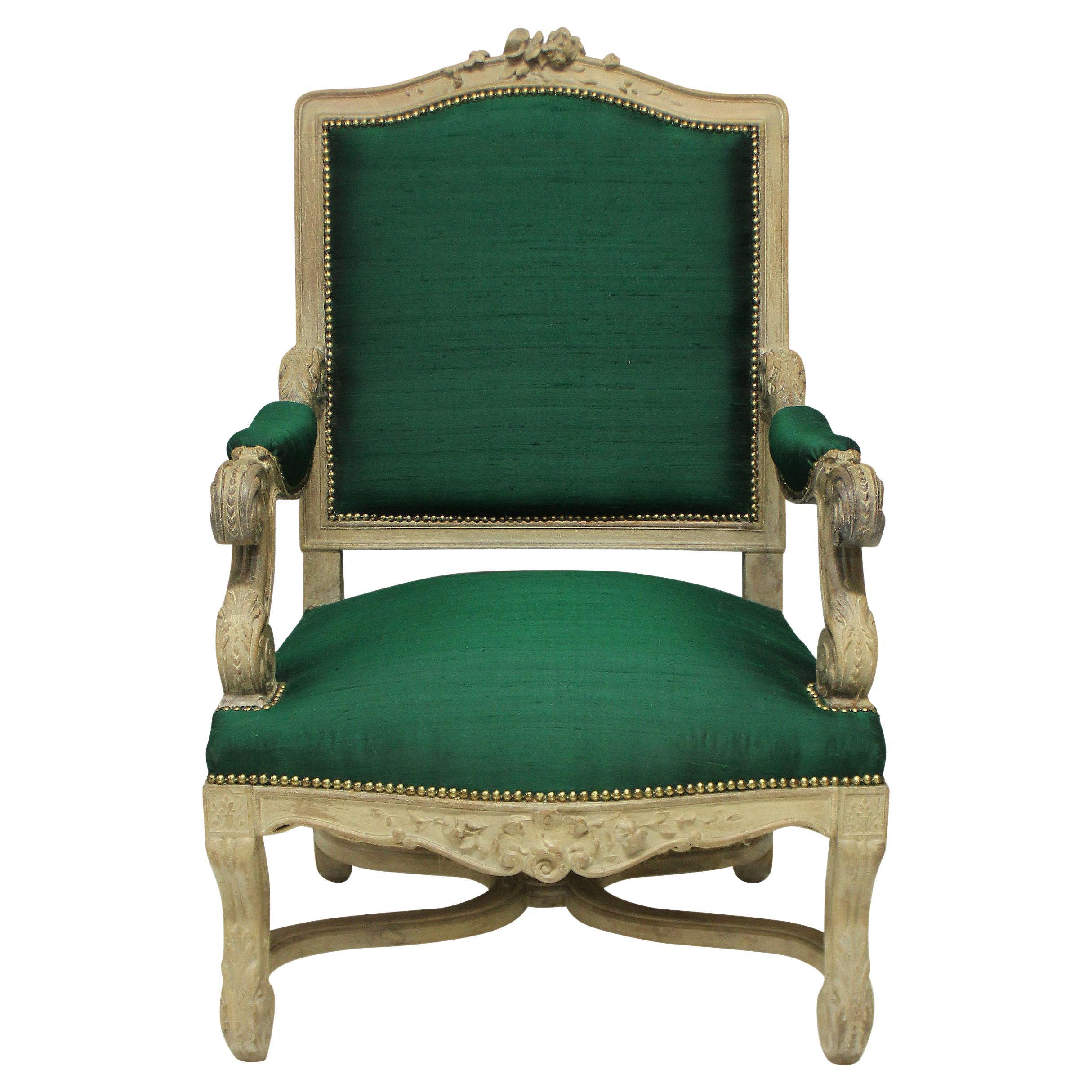 Louis XIV Style Armchair in Emerald Silk For Sale