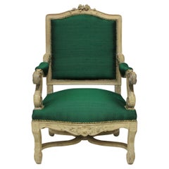 Antique Louis XIV Style Armchair in Emerald Silk