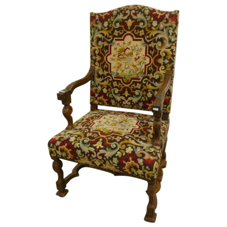 Louis XIV Style Armchair with High Back Covered with Tapestry, circa 1930 For Sale