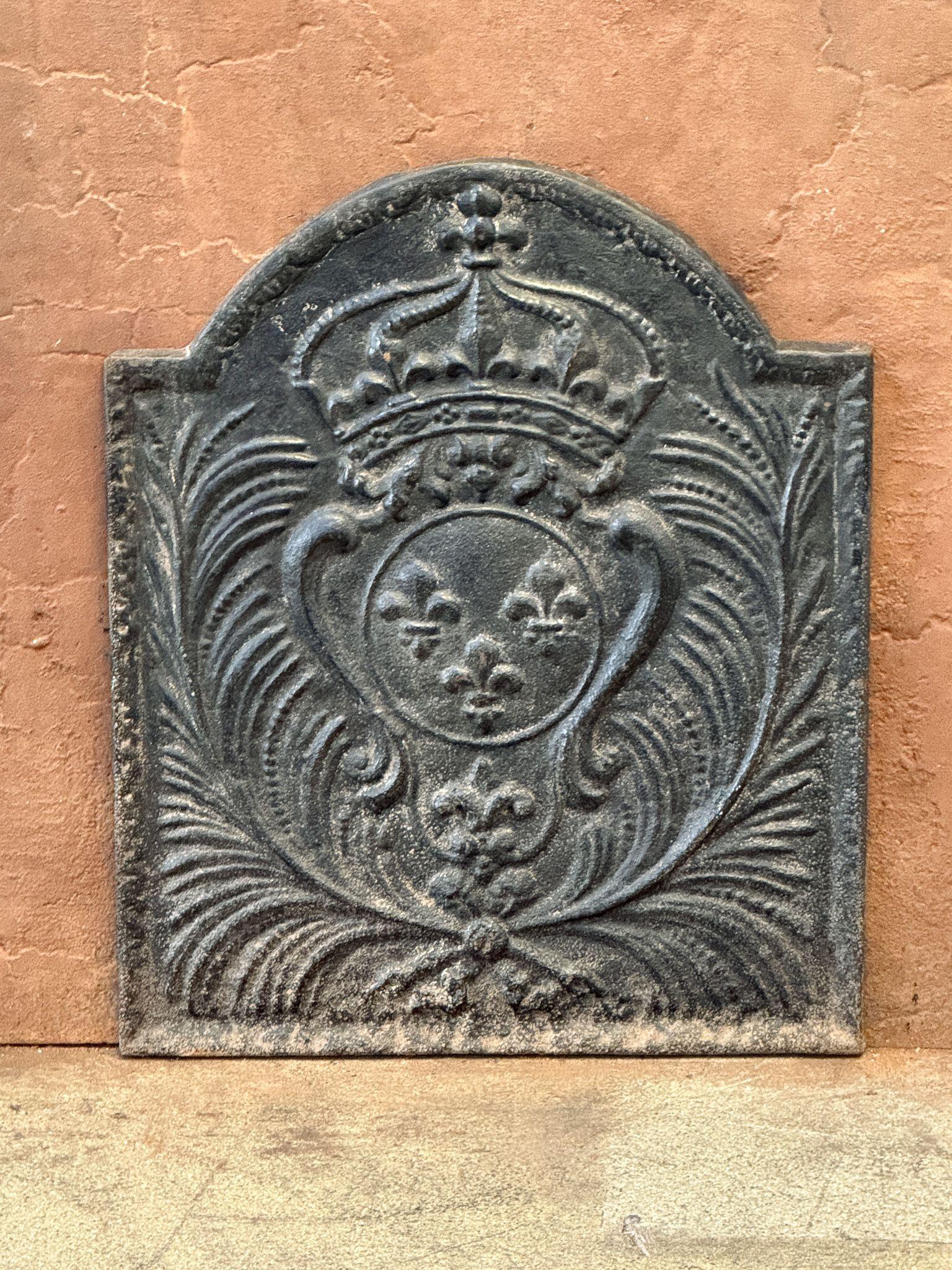 Plaque de cheminée du 20e siècle de style Louis XIV avec les armoiries de la France. Un blason de la Maison de Bourbon, une maison royale d'origine française qui est devenue une dynastie majeure en Europe. La maison a livré des rois pour l'Espagne