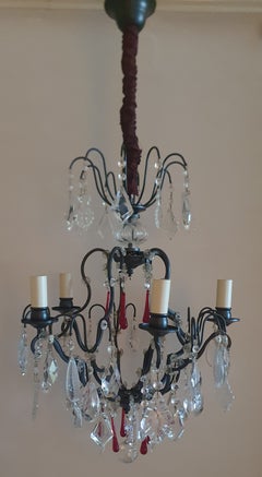 Louis XIV style Black Brass and Lead Crystal Chandelier with Red Murano Drops