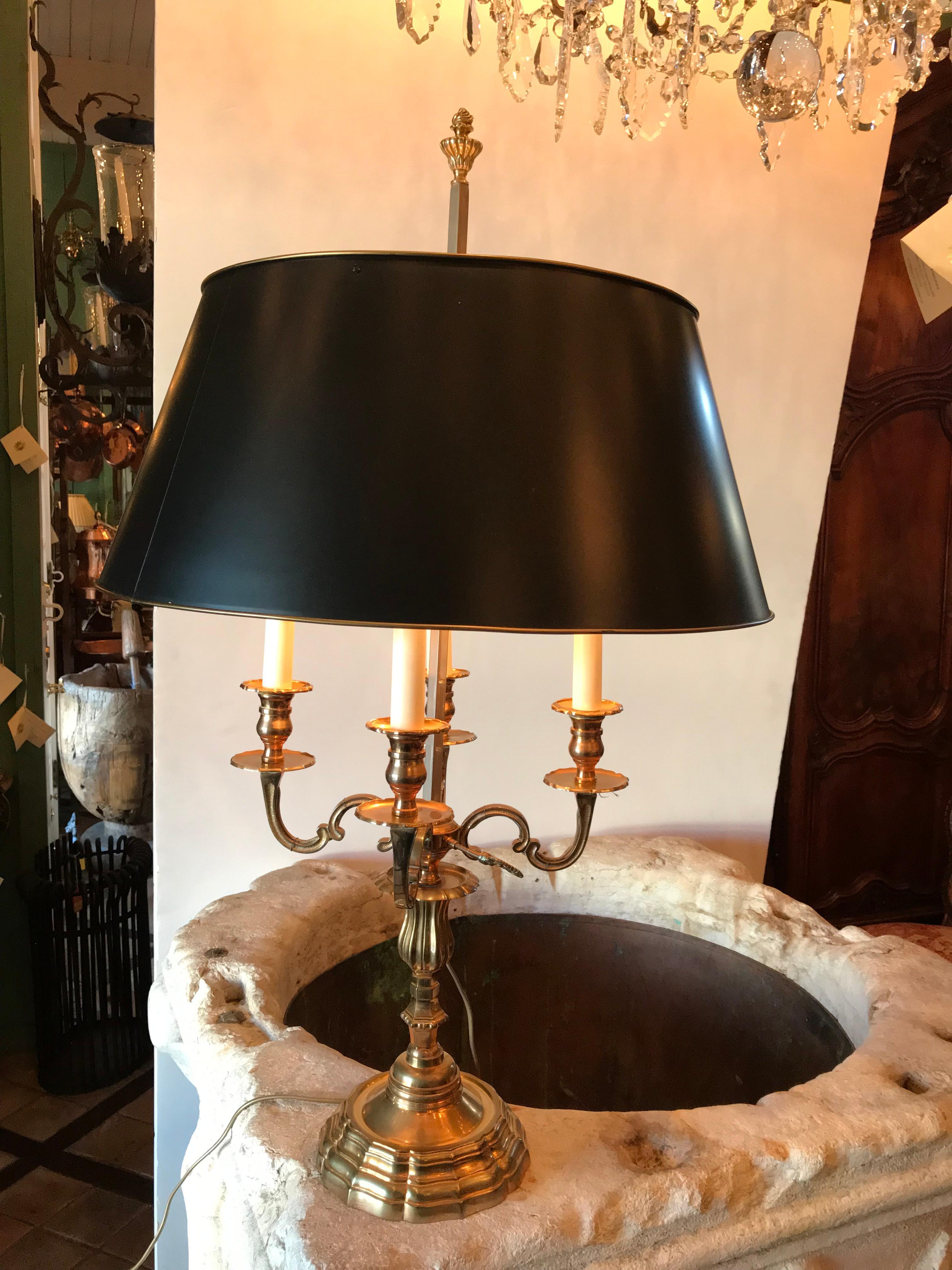 Bouillotte Side Table Lamp Mood Light Gilt Bronze Antique Dealer Los Angeles CA . A very high end, large Louis XIV style bouillotte table lamp in fine gold color on bronze. With a beautiful detailed flambeau 