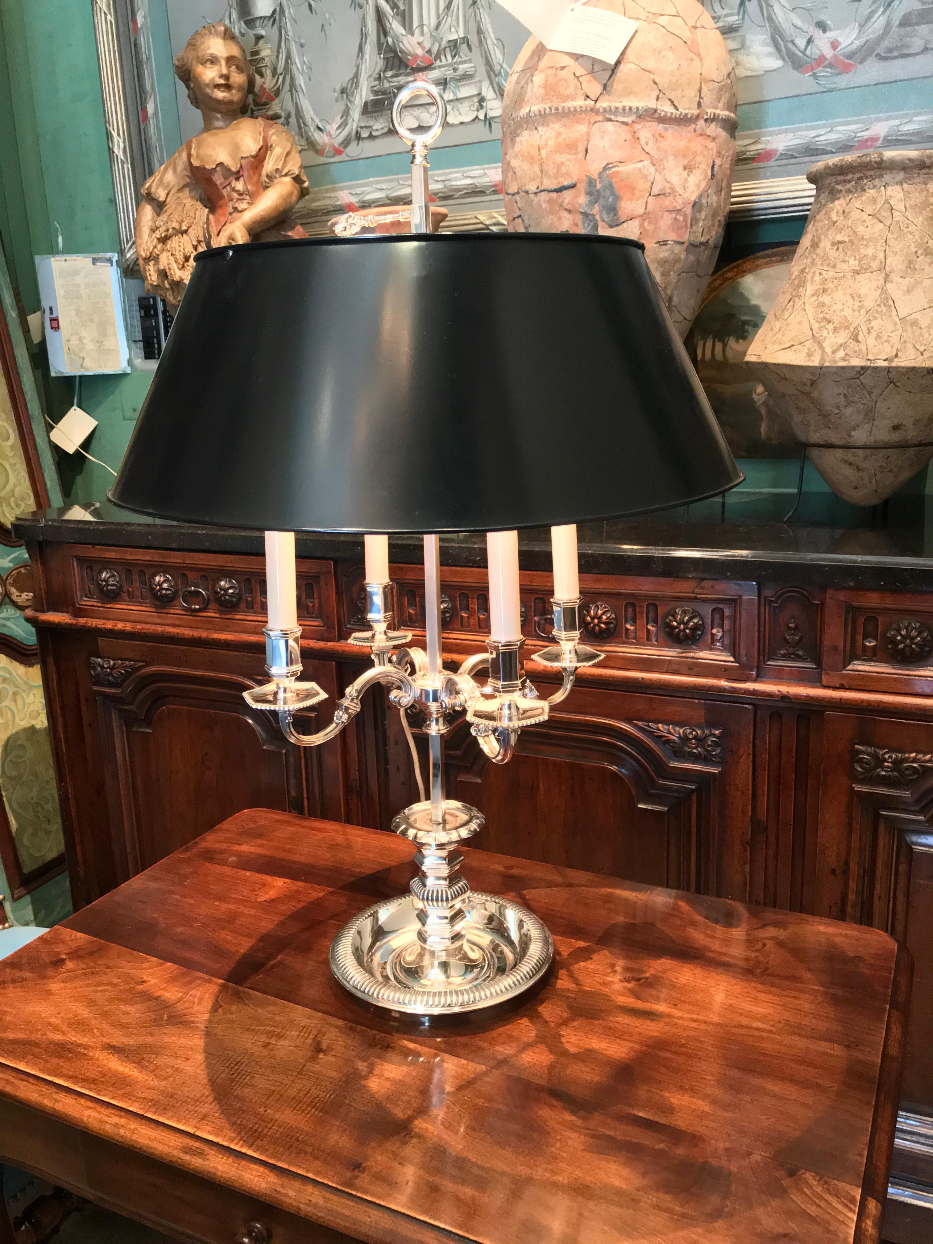 Louis XIV Style Bouillotte Table Lamp in Fine Silver on Bronze mood light LA CA . A very high end, large Side table lamp in fine silver on bronze. 
This table lamp has a centre pipe that holds the shade and which allows the shade height to be