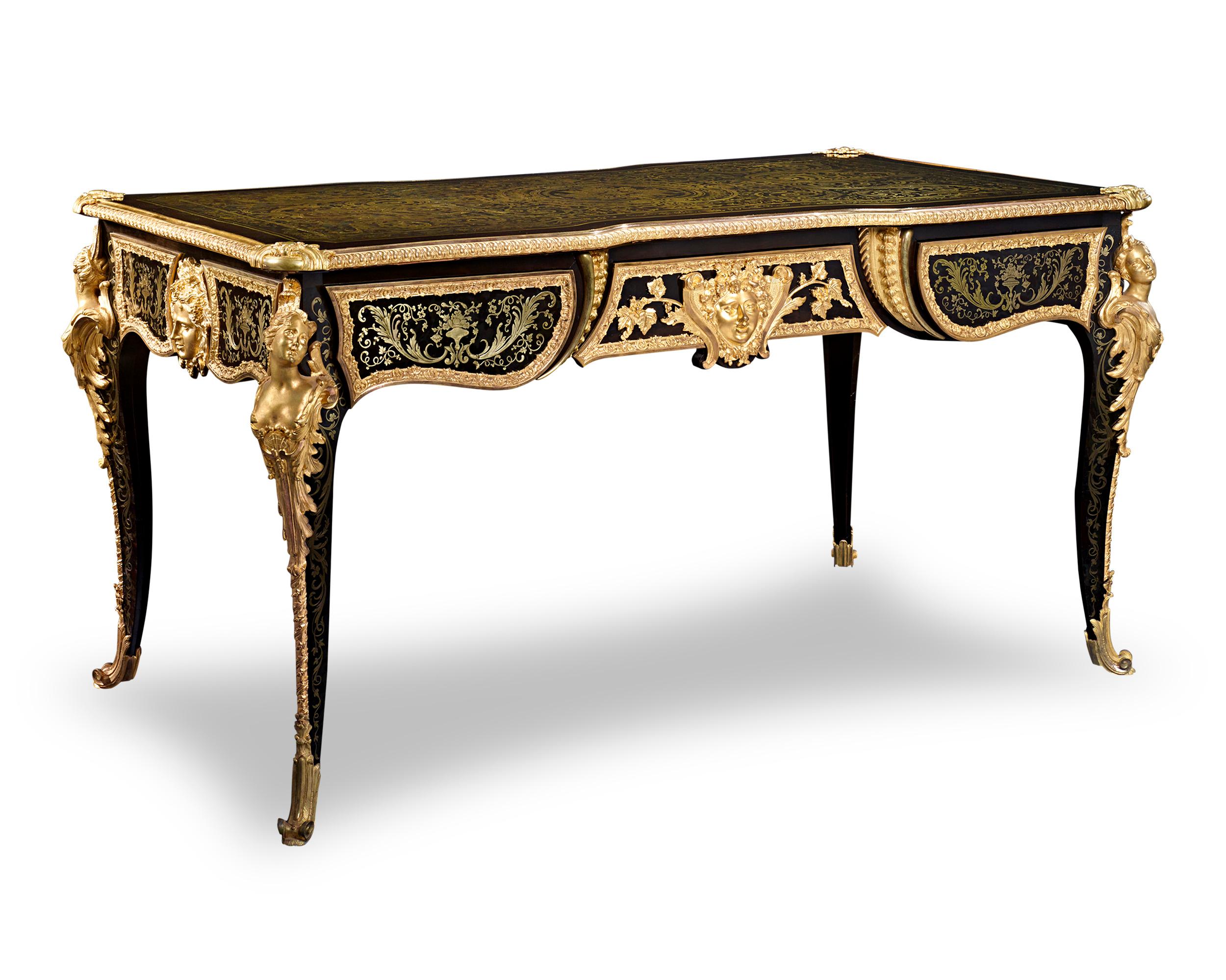 The elegance of Boulle marquetry is fully realized in this Louis XIV-style bureau plat, which represents the finest of 19th-century French furnishing. The writing table is clearly based upon a celebrated prototype by the renowned ébénistes Mathieu