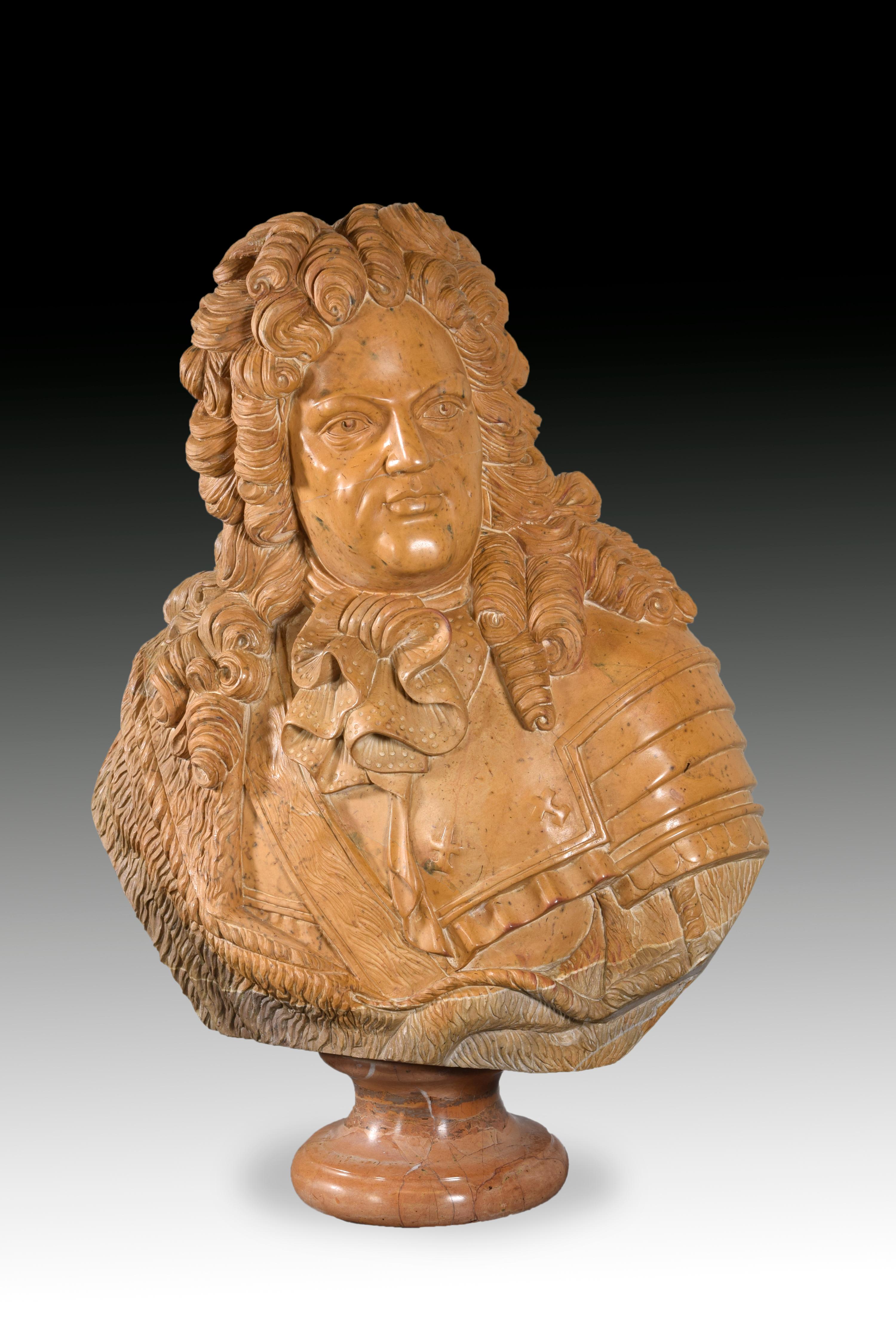 The gentleman appears dressed in armor and headdress with long curly wig. The idealization, clothing and posture refer to examples of busts made in the environment of the court of Louis XIV (17101774) by artists such as Antoine Coysevox, JeanAntoine