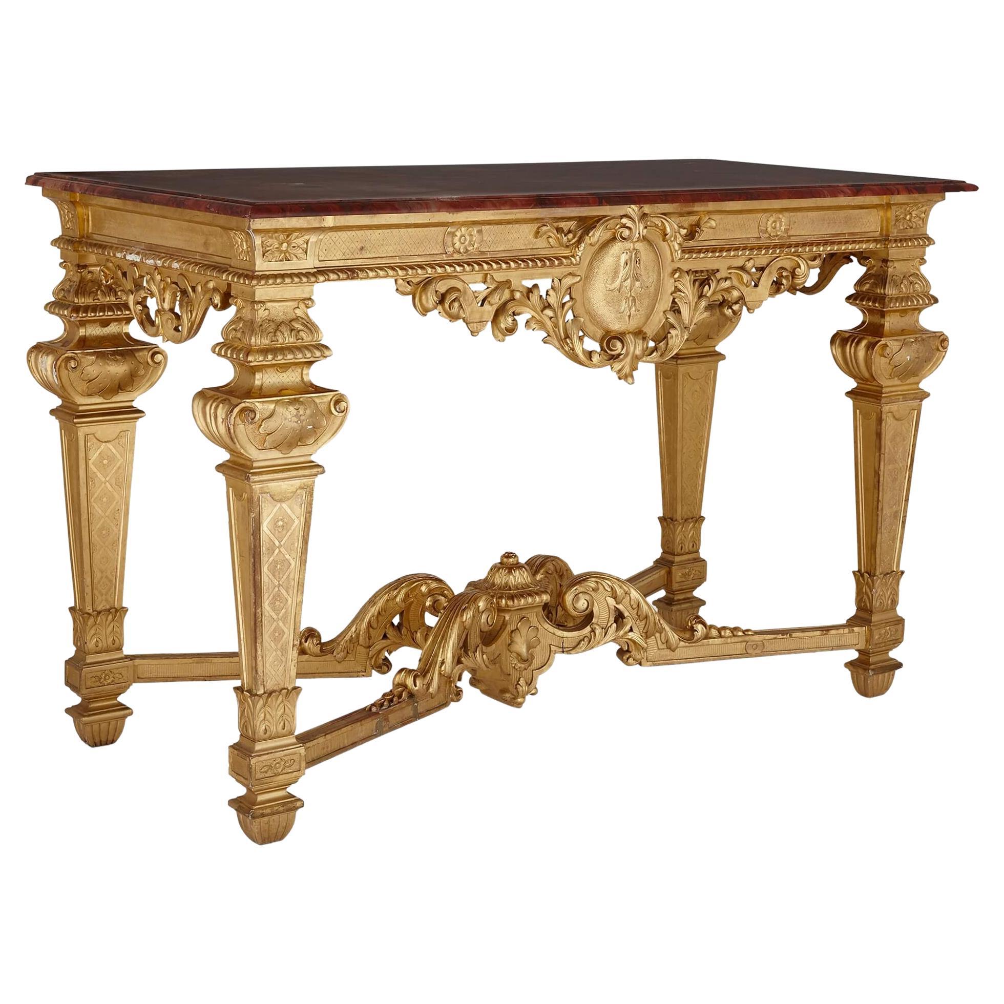 Louis XIV style carved giltwood rectangular console table For Sale