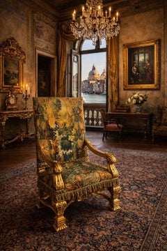 Louis XIV Style Carved Giltwood Tapestry Upholstered Armchair