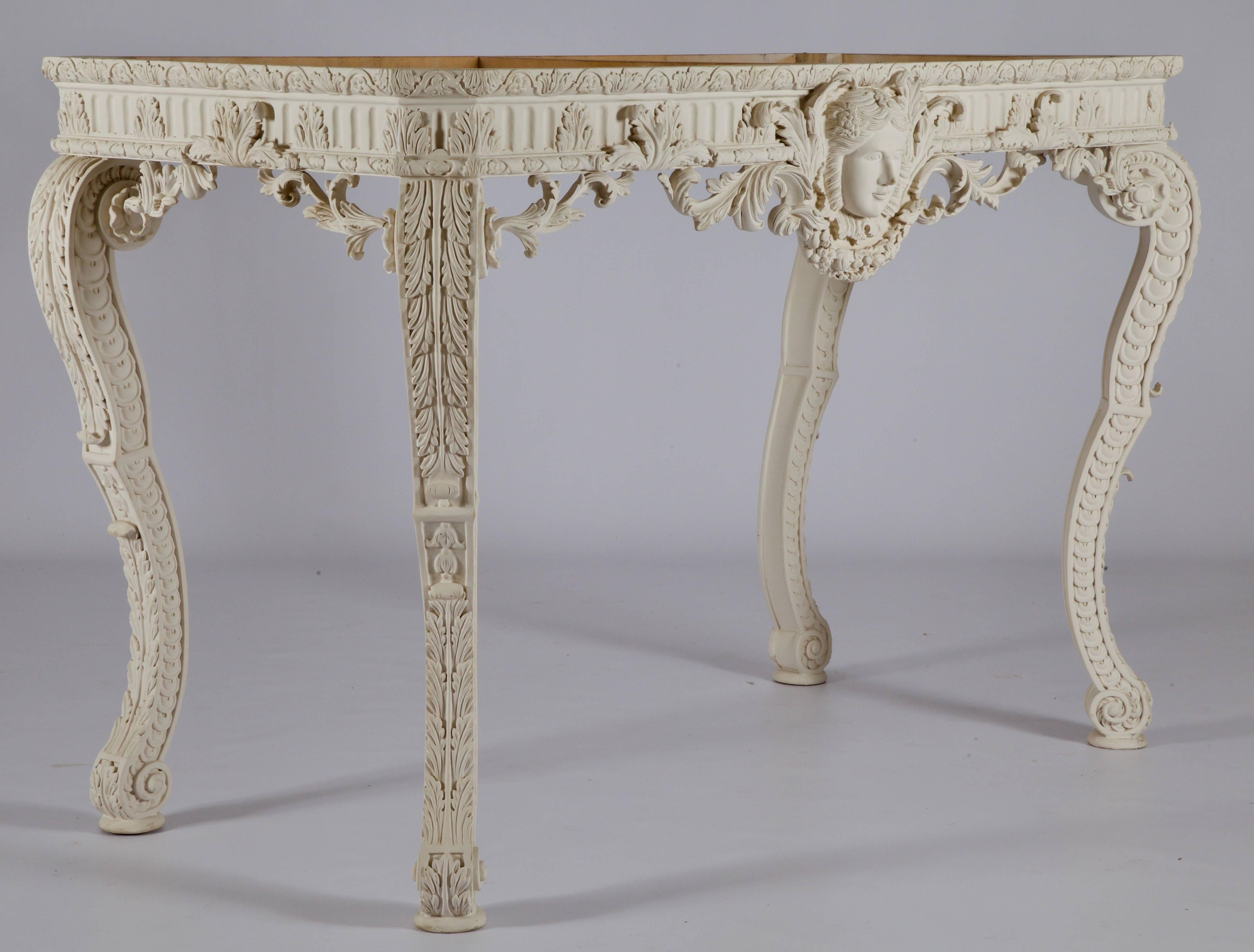 Hand-carved wood console in the Louis XIV style finished in a white gesso.
We can supply marble-top (large selection of colors) on quotation.