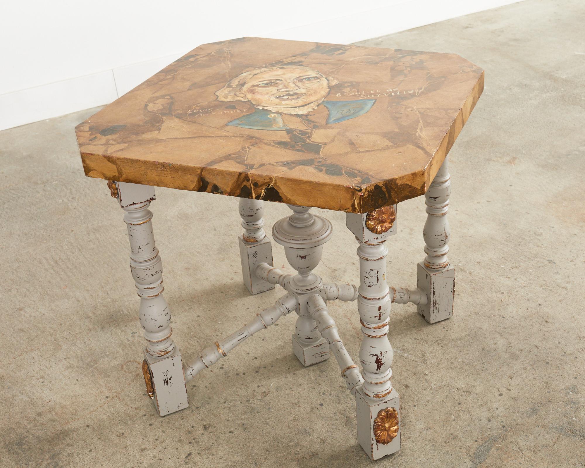 Louis XIV Style Center Table Painted by Artist Ira Yeager In Distressed Condition For Sale In Rio Vista, CA
